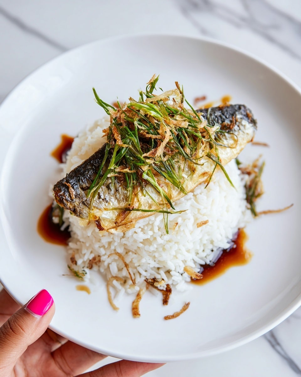 A white plate holds a serving of white rice with a slightly sticky texture, arranged in a small mound in the center. On top of the rice lies a single piece of cooked fish with crispy, golden-brown skin showing a mix of light brown and grayish patches. The fish is garnished with thin, slightly crispy, green and golden fried strips, likely scallions, scattered on top and around the rice. A few drops of dark brown soy sauce are lightly drizzled near the fish, adding contrast. A woman's hand with pink nail polish holds the edge of the plate from the bottom left corner. The background features a white marbled texture. photo taken with an iphone --ar 4:5 --v 7
