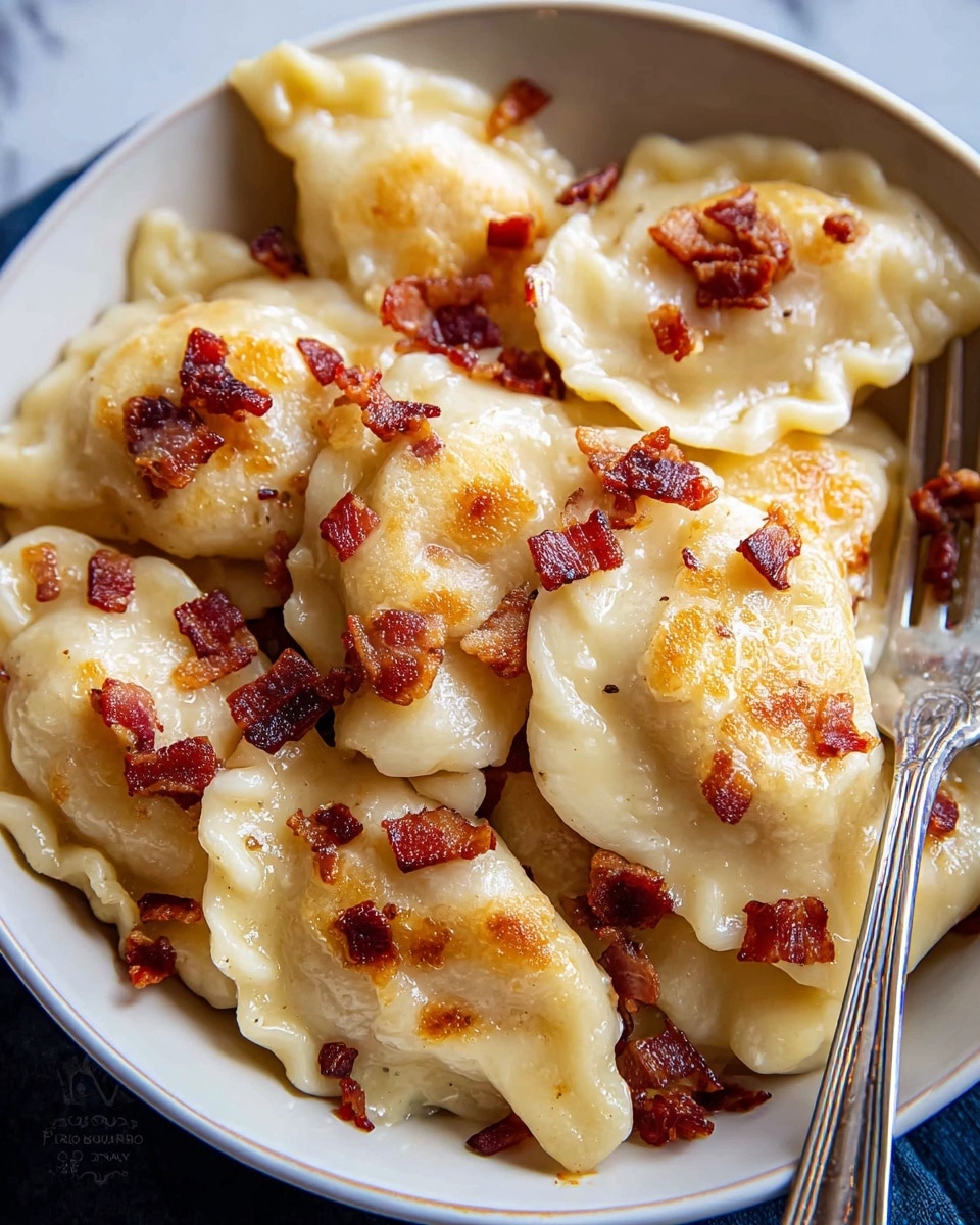 The image shows a close-up of several large, round ravioli pieces with a pale yellow, soft, and slightly glossy dough texture. The ravioli are topped with small, crispy, dark reddish-brown bacon bits scattered unevenly across the pasta. The dish is served on a white plate with a blue rim, and a silver fork is placed on the right edge of the plate. The background surface has a clean white marbled texture. Photo taken with an iphone --ar 4:5 --v 7