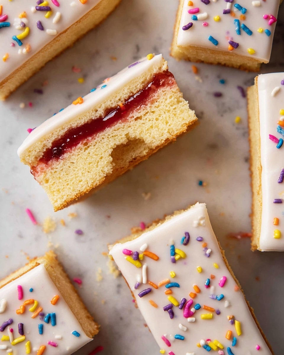 The image shows several rectangular cake slices arranged closely together on a white marbled surface. Each slice has two layers: a soft, light golden-brown base and a smooth, glossy white icing layer on top. The white icing is decorated with colorful sprinkles in red, purple, yellow, orange, blue, and pink scattered evenly over each slice. The texture of the cake base looks light and fluffy, while the icing appears shiny and slightly translucent. Photo taken with an iphone --ar 4:5 --v 7