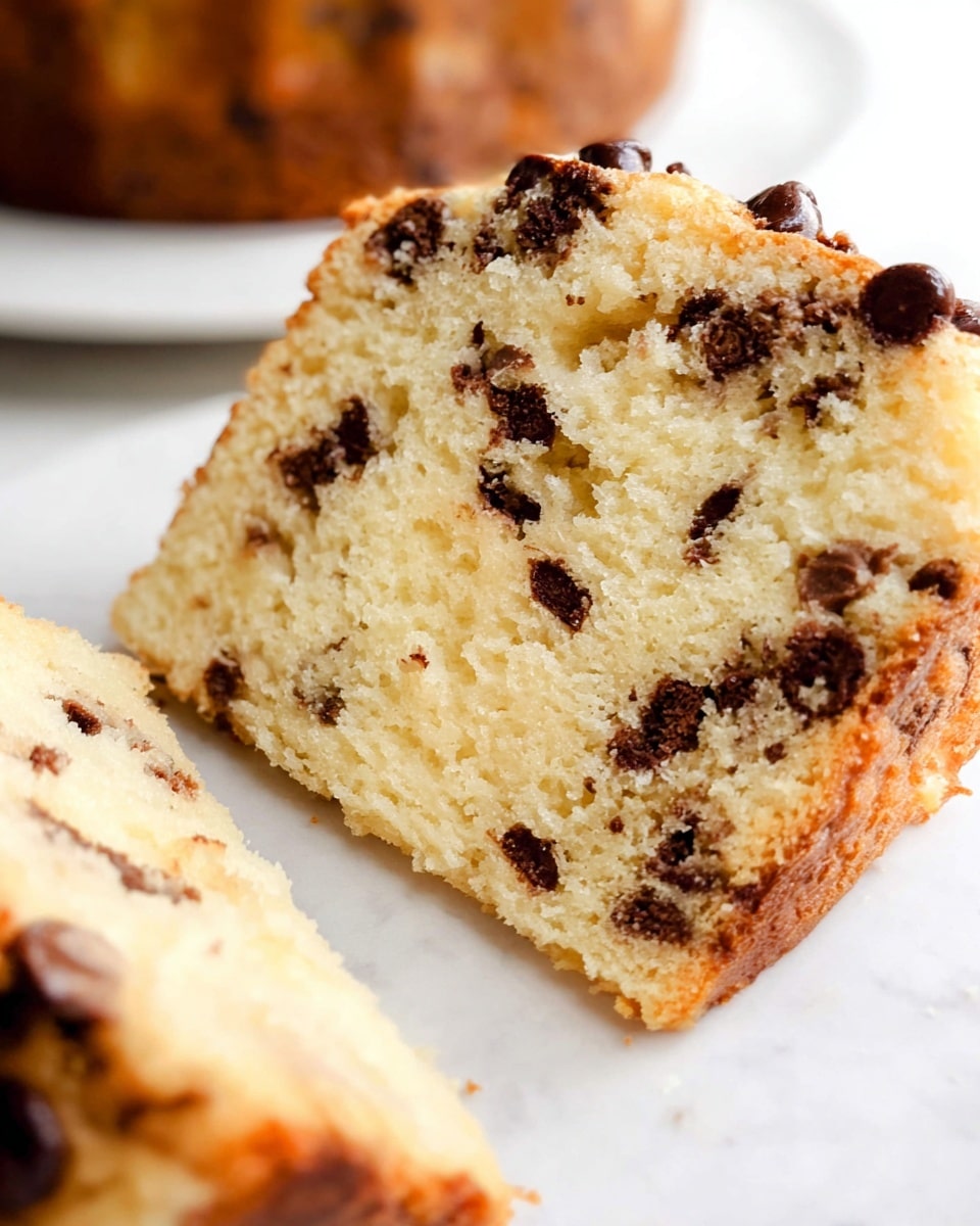 A close-up of a thick slice of chocolate chip cake with one layer, showing a light golden top layer dotted with melted dark brown chocolate chips sitting on a white marbled surface; inside, the cake is pale beige with a soft and crumbly texture filled with scattered dark chocolate chunks. photo taken with an iphone --ar 4:5 --v 7