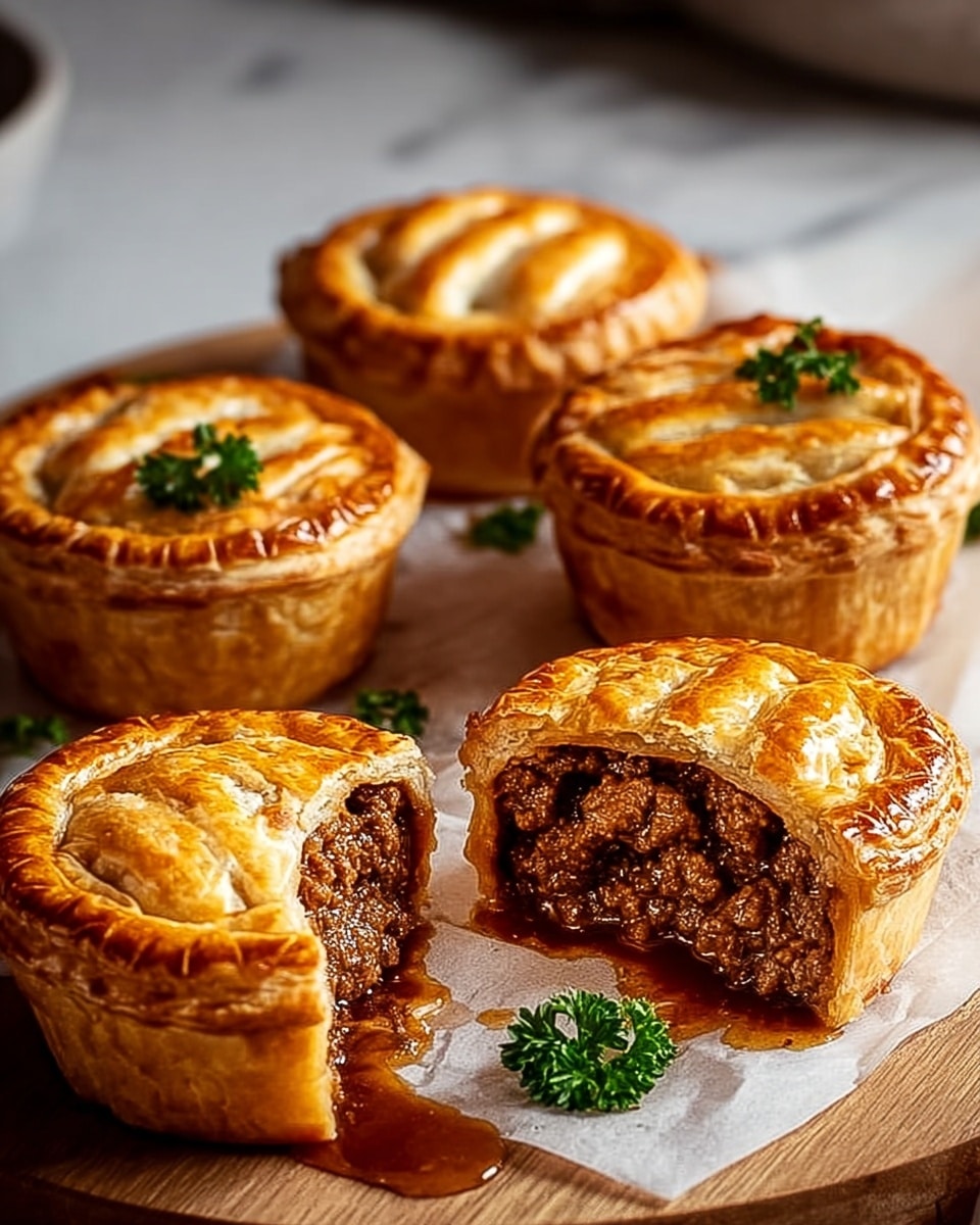 A group of six golden brown meat pies sits on a wooden board with a piece of parchment paper under one cut-open pie. Each pie has a thick, flaky crust with a glossy sheen and a criss-cross pattern etched on top. The cut-open pie reveals its rich, dark brown minced meat filling with juices oozing out at the base. Small green parsley sprigs add a fresh touch around the pies. The scene is set on a white marbled texture surface with a soft, warm lighting highlighting the pies' textures and colors. Photo taken with an iphone --ar 4:5 --v 7