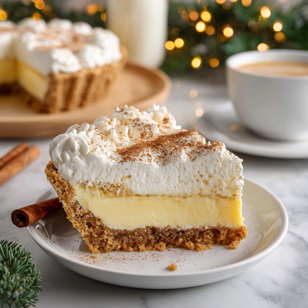 A thick slice of cinnamon-vanilla custard pie is placed on a white plate with a cinnamon stick beside it; the pie has three layers with a golden brown crumb crust at the bottom, a smooth pale yellow custard filling in the middle, and a fluffy white whipped cream top sprinkled with cinnamon dust, with a slightly rough crust edge visible; in the background, a white cup of coffee and a glass of milk sit on a white marbled surface decorated with green pine branches and warm lights. Below, the whole pie on a wooden board shows the same three layers, with a slice taken out revealing creamy custard inside, topped with cinnamon powder and surrounded by a crumbly crust; a cup of coffee and festive decorations are blurred in the background. Photo taken with an iphone --ar 4:5 --v 7
