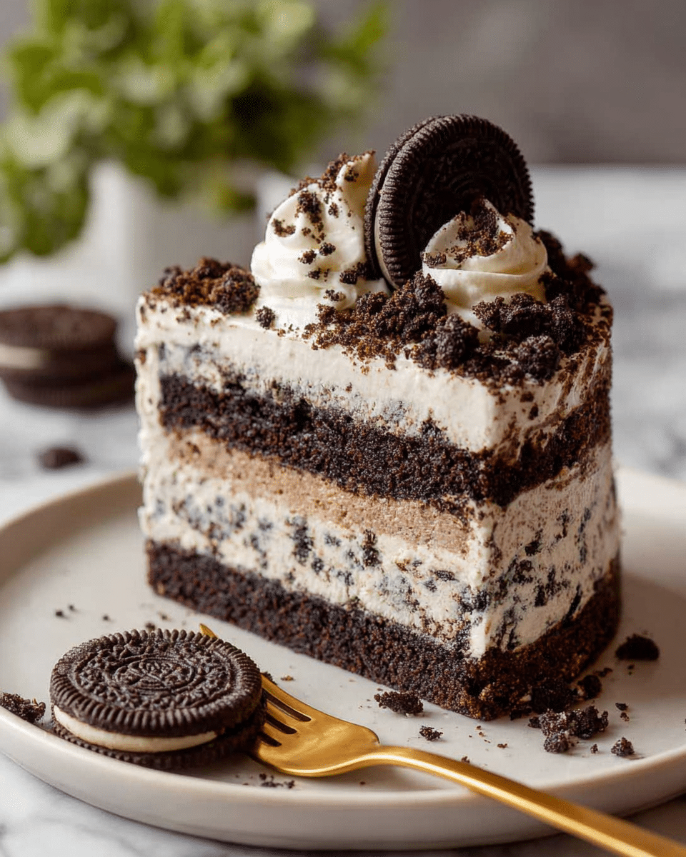 A slice of cookies and cream layered cake sits on a white plate with a golden fork beside it. The cake has four main layers: the bottom is a dark chocolate cake layer, above it is a thick creamy white layer with cookie bits, followed by another dark chocolate cake layer, and topped with a thick cookies and cream frosting mixed with crushed dark cookie crumbs. The top is garnished with a dollop of white cream and a whole dark chocolate sandwich cookie. Extra cookie crumbs and a small piece of a sandwich cookie rest on the plate near the cake. The background shows a blurred white marbled surface with soft greenery. Photo taken with an iphone --ar 4:5 --v 7
