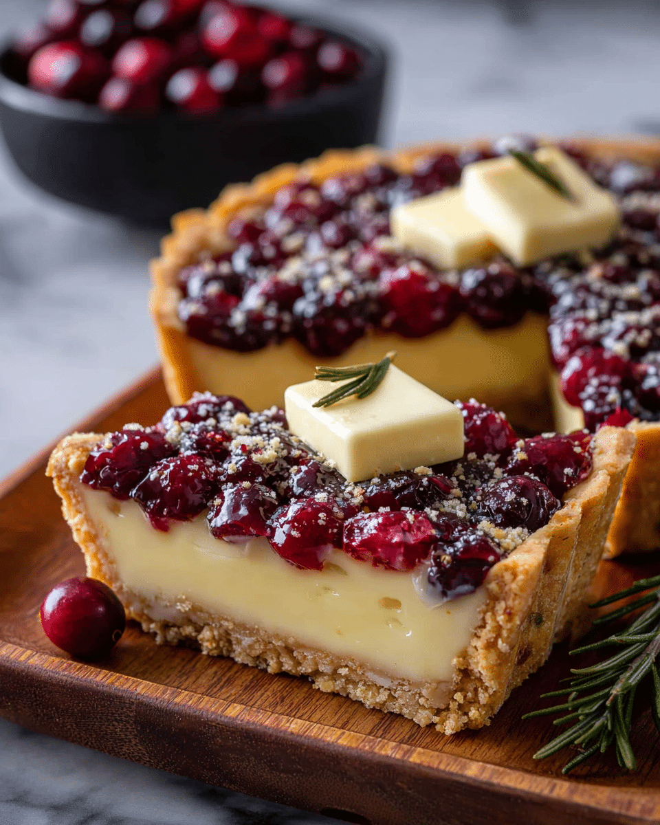 The image shows a tart with three visible layers sitting on a wooden board placed on a white marbled surface. The bottom layer is a golden-brown, thick, and crumbly crust. The middle layer is creamy and pale yellow with a smooth texture. The top layer is a glossy, deep red cranberry topping with whole cranberries spread evenly. On top, there are two small square pats of pale yellow butter and a green sprig of rosemary placed in the center. A slice of the tart is cut out, revealing the creamy middle and crumbly crust layers inside. A white bowl filled with cranberries is blurred in the background. Photo taken with an iphone --ar 4:5 --v 7