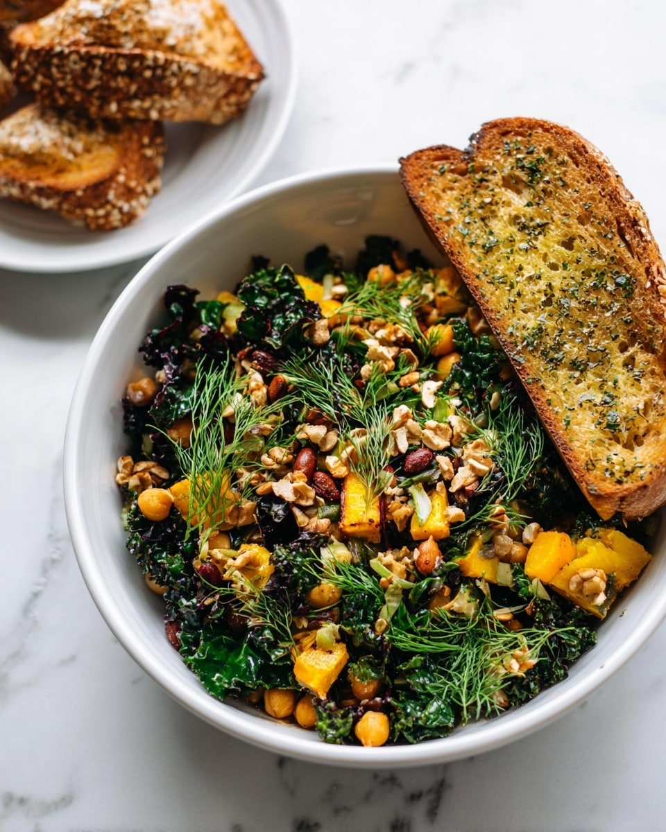 A white bowl sits on a white marbled surface, filled with a colorful salad made of three main layers visible: the base layer is dark green kale leaves, followed by a mix of yellow and orange roasted squash and chickpeas, and topped with chopped nuts and seeds providing a rough texture. Bright green dill sprigs are scattered across the salad adding freshness. On the right side, a toasted slice of bread with a golden-brown crust and herb seasoning leans against the bowl. In the background, a white plate holds two pieces of seeded bread. photo taken with an iphone --ar 4:5 --v 7