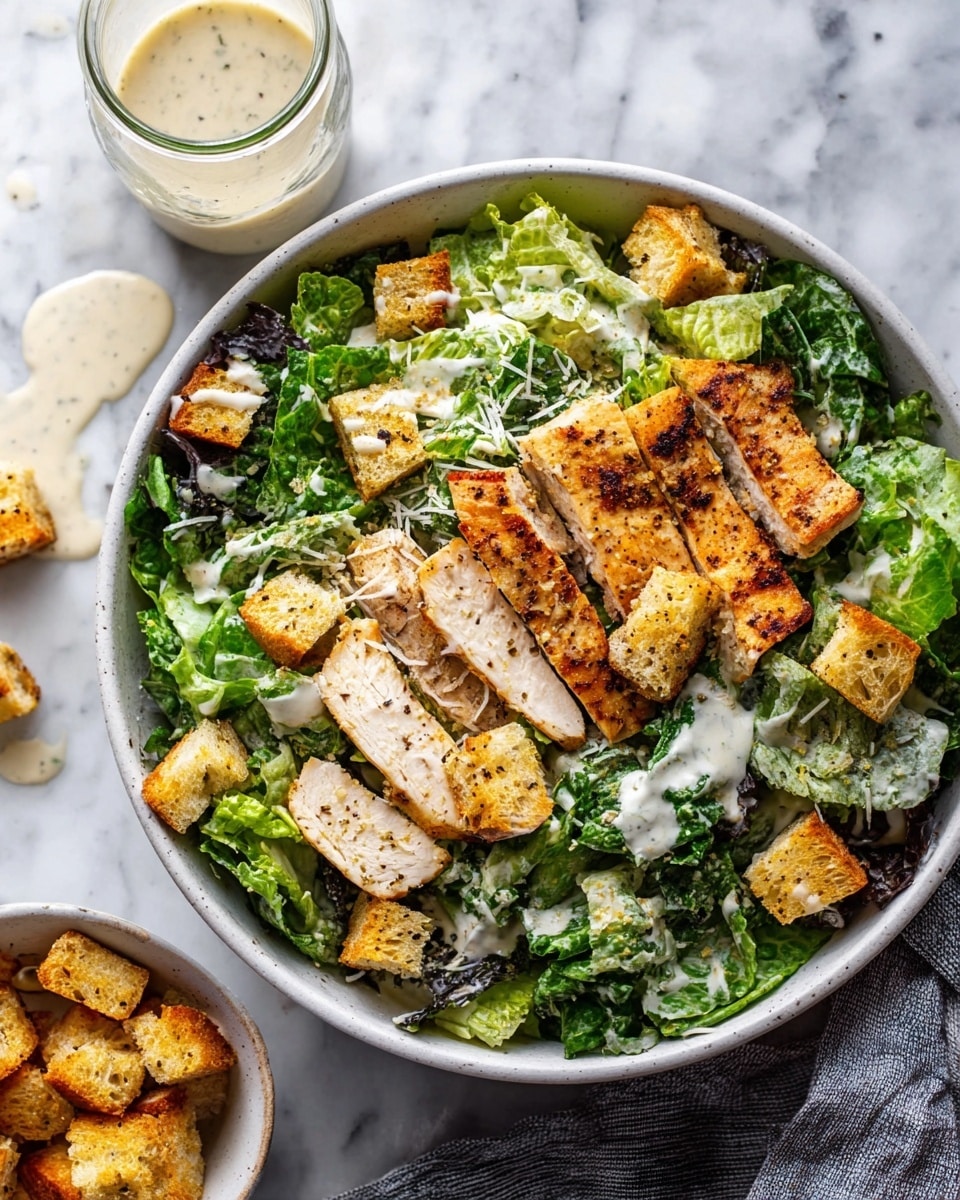 A close-up image of a fresh salad in a white speckled bowl on a white marbled surface, featuring a bottom layer of chopped dark green leafy lettuce, lightly coated with a creamy dressing. Scattered throughout the greens are small, golden brown toasted croutons. On top lie two thick rectangular slices of golden fried tofu, speckled with black pepper and sprinkled with finely chopped herbs, adding a textured contrast. Between the tofu pieces and greens, thin shreds of white cheese and a few green olive slices are visible. To the side, a glass jar of creamy white sauce with black pepper specks stands partially visible. Photo taken with an iphone --ar 4:5 --v 7