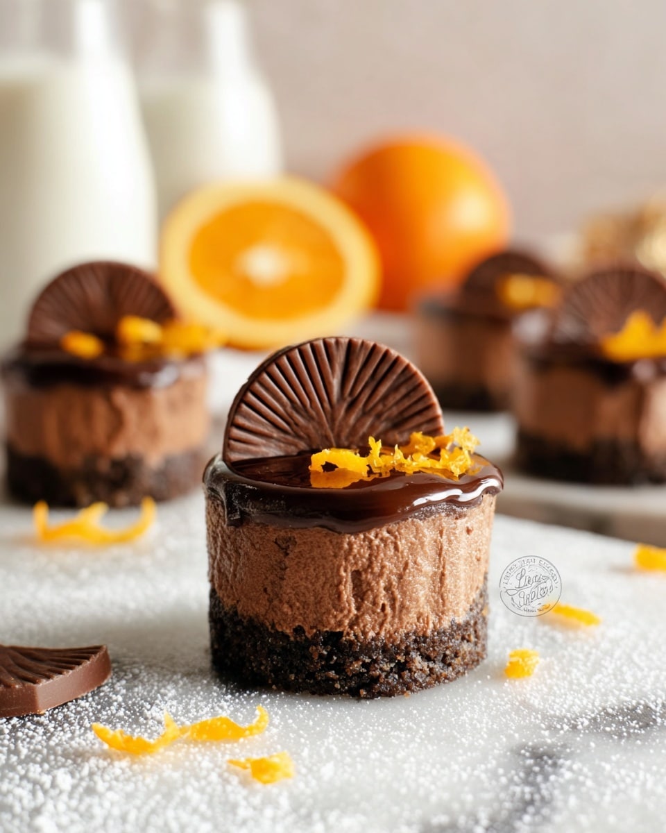 The image shows a small chocolate mousse cake with two visible layers on a white marbled surface: a thick, dark, crumbly chocolate base on the bottom, and a smooth, light brown chocolate mousse layer on top. A shiny, dark chocolate slice shaped like an orange wedge rests on top, garnished with small pieces of bright orange zest. In the background, out of focus, there are fresh oranges and a glass bottle of milk. Around the cake are scattered crumbs and more chocolate slices. The scene is lit warmly, highlighting the texture of the mousse and the glossy chocolate. Photo taken with an iphone --ar 4:5 --v 7