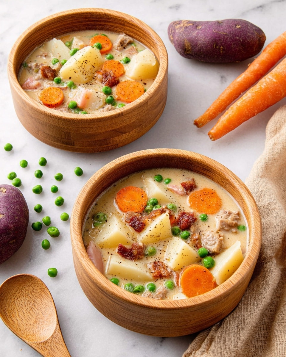 Two wooden bowls filled with creamy soup, each showing about three to four layers: the bottom creamy layer is pale beige, topped with chunky pieces of white potato, bright orange carrot slices, green peas, and browned meat bits scattered on top, some black pepper sprinkled over for texture. The bowls rest on a white marbled surface with loose green peas, two whole carrots, and purple potatoes nearby; a wooden spoon lies beside one bowl, and a beige cloth is partially visible in the background. photo taken with an iphone --ar 4:5 --v 7