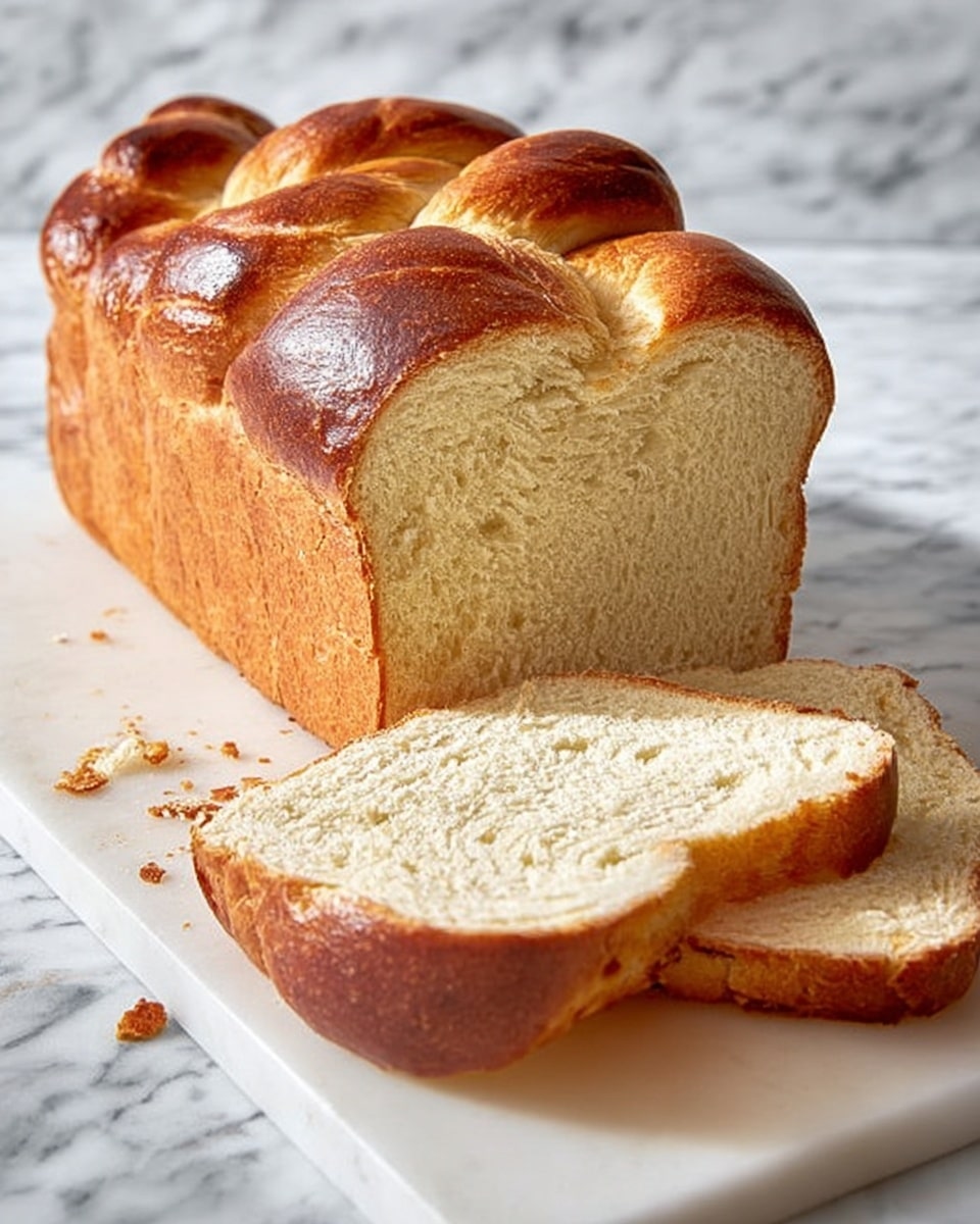 The image shows a loaf of bread with a braided, golden-brown top crust, sitting on a white cutting board on a white marbled surface. The loaf is sliced into three pieces: one thick piece lying flat in front, a middle piece standing upright revealing the soft, light beige inside with a fine crumb texture, and the rest of the loaf also upright behind it. There are some loose crumbs scattered on the cutting board. The photo taken with an iphone --ar 4:5 --v 7