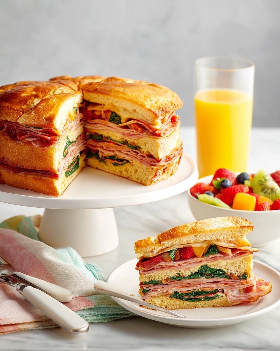 The image shows a thick slice of layered savory pie on a stack of two white plates, set on a white marbled surface. The pie has about six visible layers: a golden brown crust on top with a smooth, slightly shiny texture, followed by a layer of green spinach, then a thin layer of sliced red tomatoes, a layer of light beige turkey or chicken slices, a melted creamy cheese layer, and a thick golden crust base. The slice is served next to a silver fork on the plate. The background shows part of the full pie on a white cake stand. photo taken with an iphone --ar 4:5 --v 7