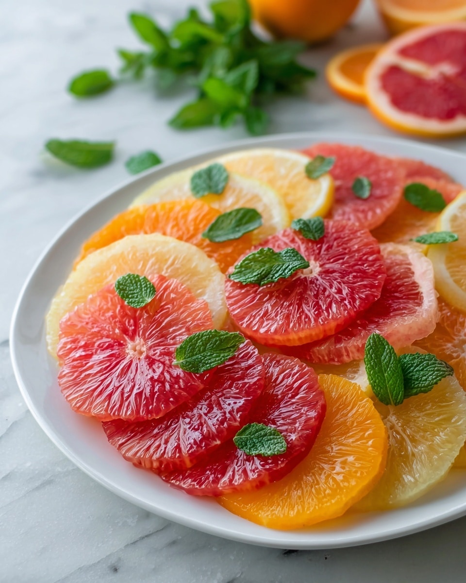 A white plate holds several layers of thinly sliced citrus fruits arranged in a circular pattern, starting with light yellow slices at the outer edge, followed by red and pink grapefruit slices, then bright orange slices, and finishing with a mix of pale orange and red slices in the center. Fresh green mint leaves are scattered evenly across the layers, adding a pop of color and texture. In the background, more citrus slices lay on a white marbled surface along with a small bunch of mint leaves. Photo taken with an iphone --ar 4:5 --v 7