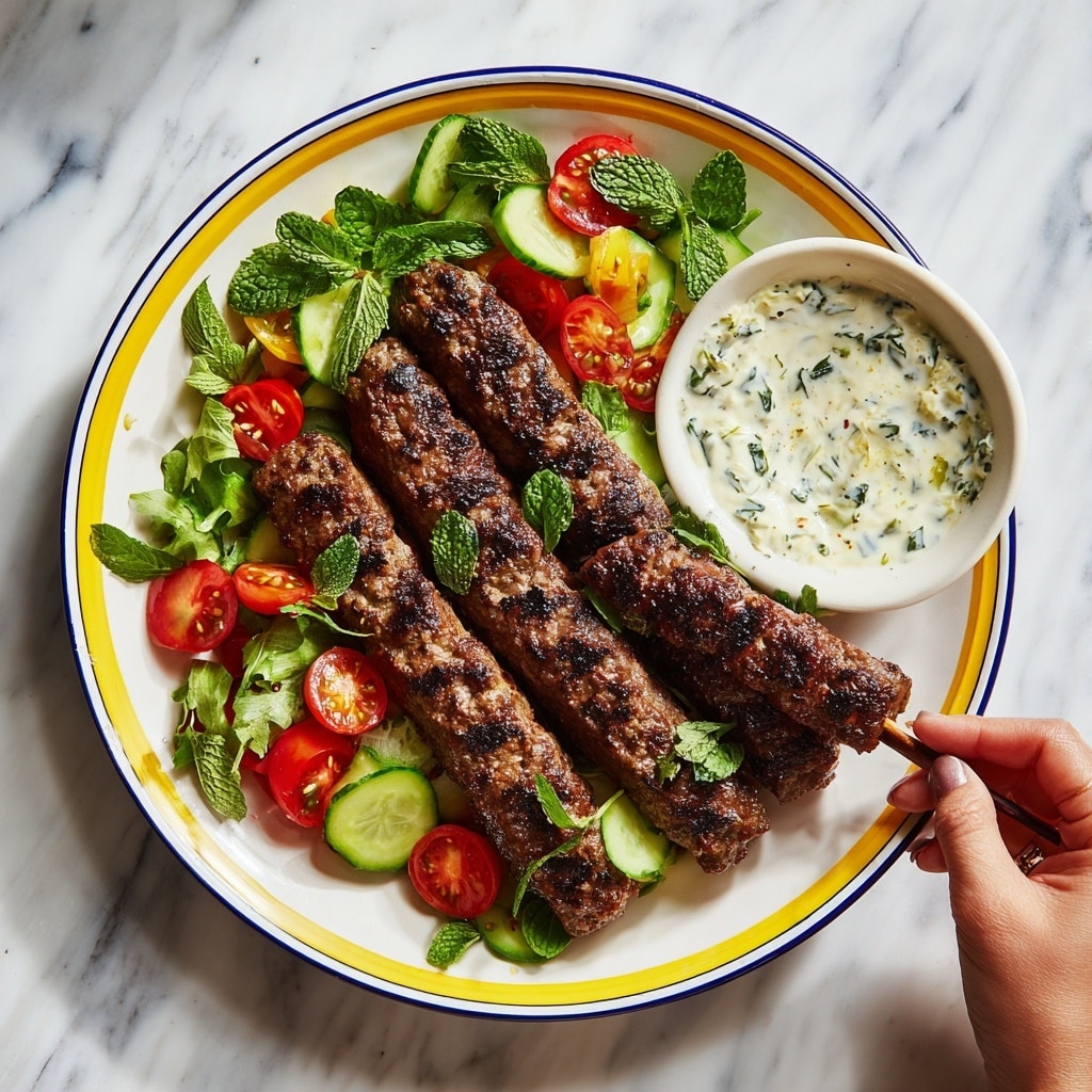 The image shows a white plate with a yellow and blue rim, placed on a white marbled surface. On the plate, there are three long, grilled meat skewers that are dark brown and slightly charred, lying next to a colorful salad made of sliced cherry tomatoes, cucumber, and green leaves. Above the salad is a small white bowl filled with a creamy white sauce that has green herbs mixed in. A woman's hand is holding a skewer on the right side of the plate. The whole scene is bright and vibrant with a fresh and rustic look. Photo taken with an iphone --ar 4:5 --v 7