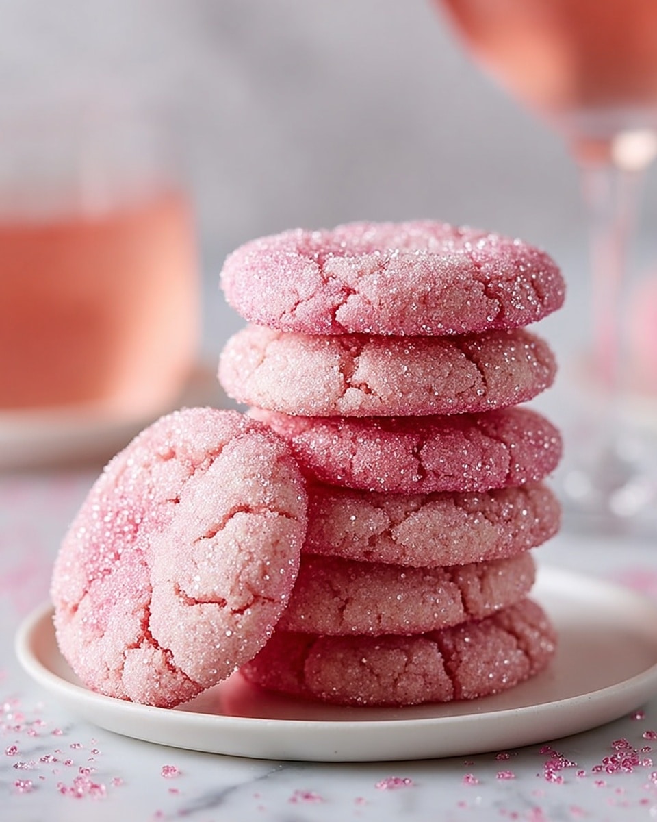 A stack of six round, soft pink sugar-coated cookies is placed on a white marbled surface, with one cookie leaning against the stack on the right side. The cookies have a slightly textured surface covered with sparkling granulated sugar that catches the light, making them look sugary and fresh. In the background, there are more pink sugar-coated cookies inside a clear glass with a gold rim, slightly out of focus. A small pile of spilled pink sugar crystals is scattered in front of the cookies. The overall look is soft and inviting. Photo taken with an iphone --ar 4:5 --v 7