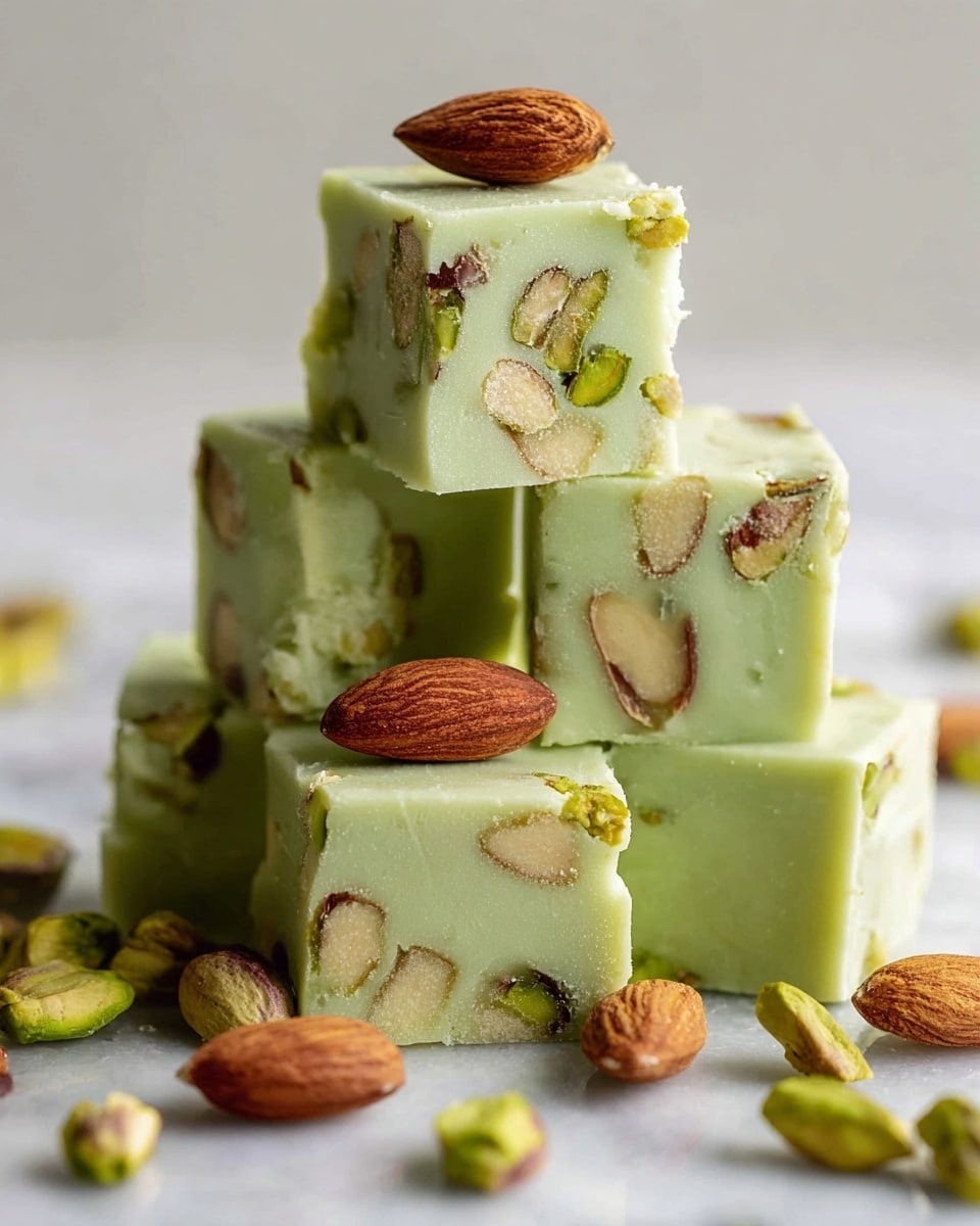 A close-up of a stack of light green fudge cubes with visible pieces of mixed nuts embedded inside each cube. The fudge pieces are arranged in two layers, with three cubes stacked at the back and one cube placed in front. The front cube is topped with a whole almond and a pistachio nut. Scattered around the base of the fudge pieces are additional whole almonds and pistachio halves on a white marbled surface. The texture of the fudge looks smooth and creamy, contrasting with the crunchy nuts inside and on top. Photo taken with an iphone --ar 4:5 --v 7