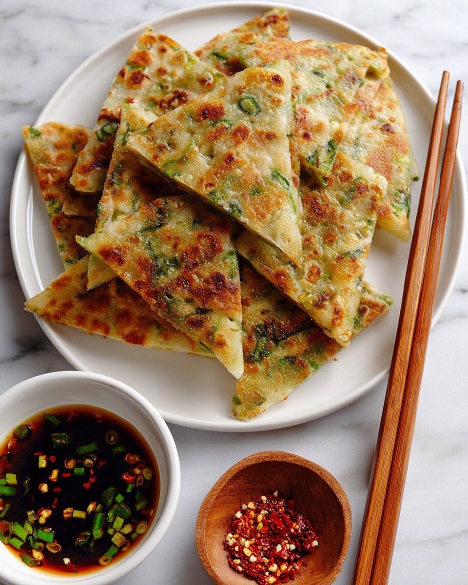 A white plate holds a pile of golden-brown scallion pancakes cut into triangle shapes, each showing a slightly crispy texture with green scallion bits spread throughout the surface. The pancakes are stacked casually with some overlapping, showing slight variations in browning. Next to the plate, a white bowl contains dark soy-based dipping sauce with visible chopped green onions and red chili flakes floating on top. Nearby, a small wooden bowl is filled with red chili flakes, and a pair of wooden chopsticks rest diagonally across it. The whole setup is placed on a white marbled surface. photo taken with an iphone --ar 4:5 --v 7