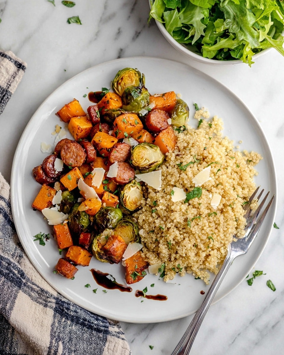 A white plate holds two main portions: on the right, a large mound of light tan quinoa with a fluffy, grainy texture sprinkled with small green herbs; on the left, a colorful mix of roasted vegetables and sausage pieces layered roughly in three; orange cubes of butternut squash, halved Brussels sprouts with a golden-brown sear, and brown & reddish slices of sausage form the base, topped with scattered light pine nuts and thin, irregular white shavings of cheese. A dark balsamic glaze drizzle adds shine and contrast over the vegetables, and a few small green herb leaves bring more color. To the right of the plate is a silver fork resting on a white marbled surface, and a checkered cloth is partially visible at the bottom left. Nearby is a white bowl filled with fresh green leafy salad. Photo taken with an iphone --ar 4:5 --v 7