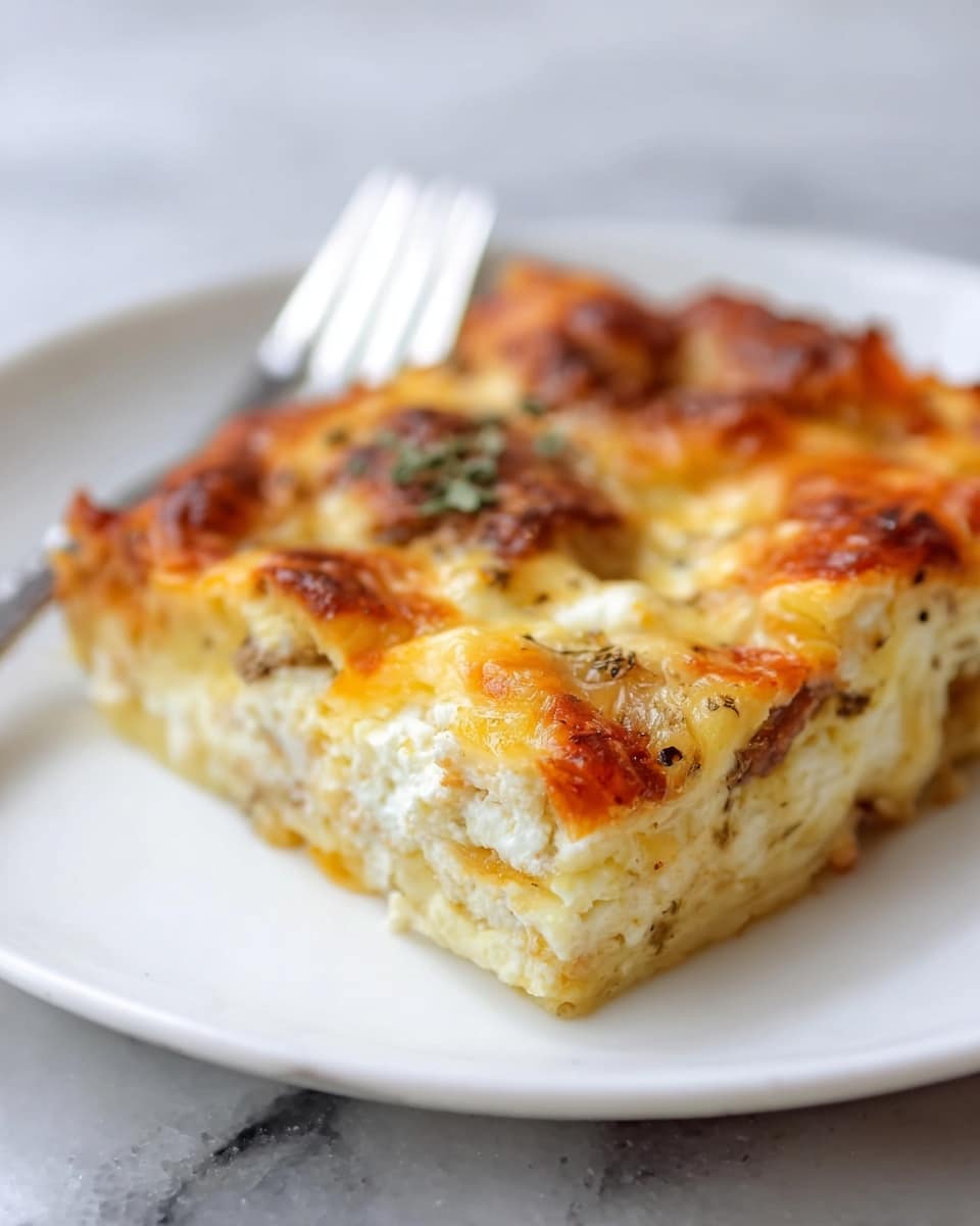 The image shows a close-up of a square slice of cheesy casserole on a white plate, which rests on a white marbled surface. The dish has three visible layers: the bottom layer is a light, soft, and slightly crumbly crust; the middle layer is a pale mixture that looks creamy with some darker specks, likely herbs or seasoning; the top layer is golden-brown melted cheese with some crisp, darker spots and a few small white areas where the cheese looks soft and gooey. A white fork lies blurred in the background on the plate. Photo taken with an iphone --ar 4:5 --v 7