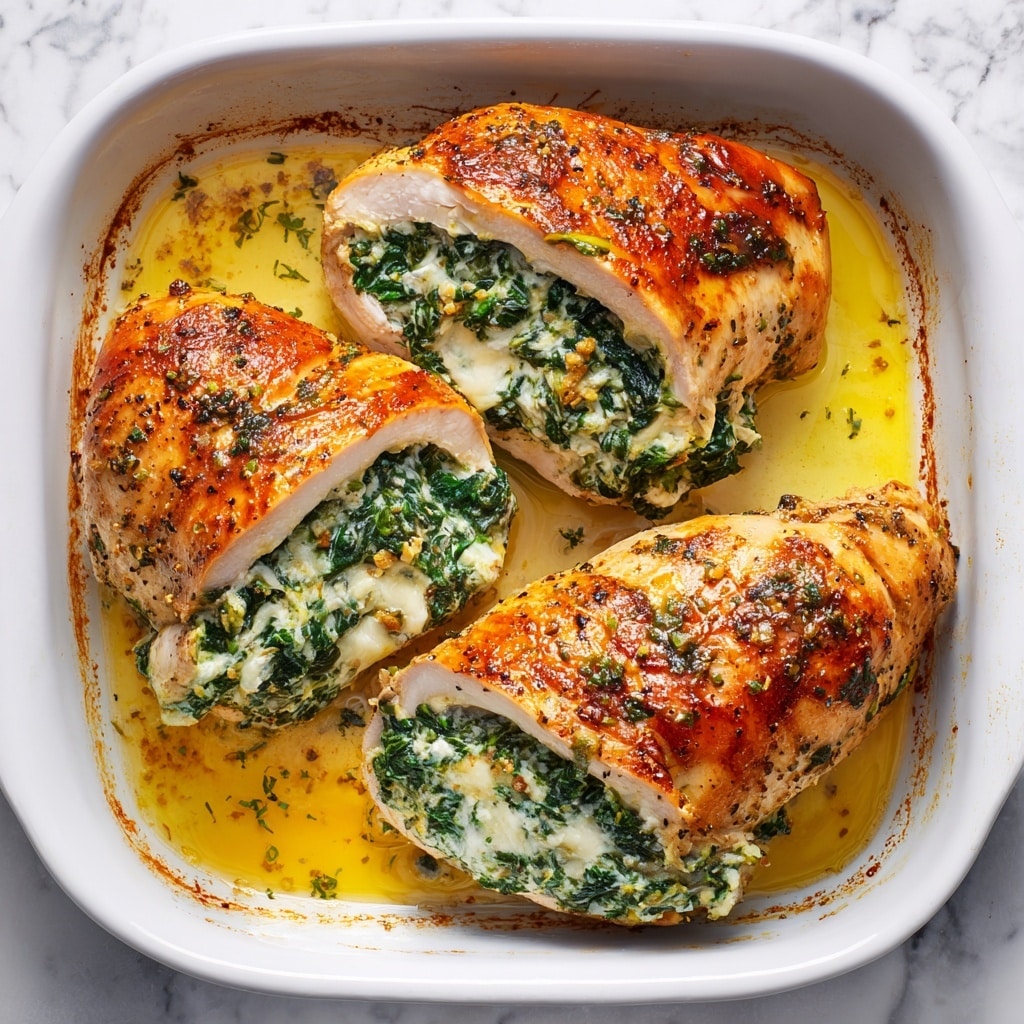 The image shows three pieces of chicken breasts stuffed with a creamy spinach mixture, placed in a white baking dish. Each chicken breast is cut open in the middle and filled with a green spinach and white creamy cheese filling. The outside of the chicken is golden brown with a slightly crispy texture and some visible seasoning. The dish has some oily orange juice around the chicken pieces. The background is a white marbled surface. photo taken with an iphone --ar 4:5 --v 7
