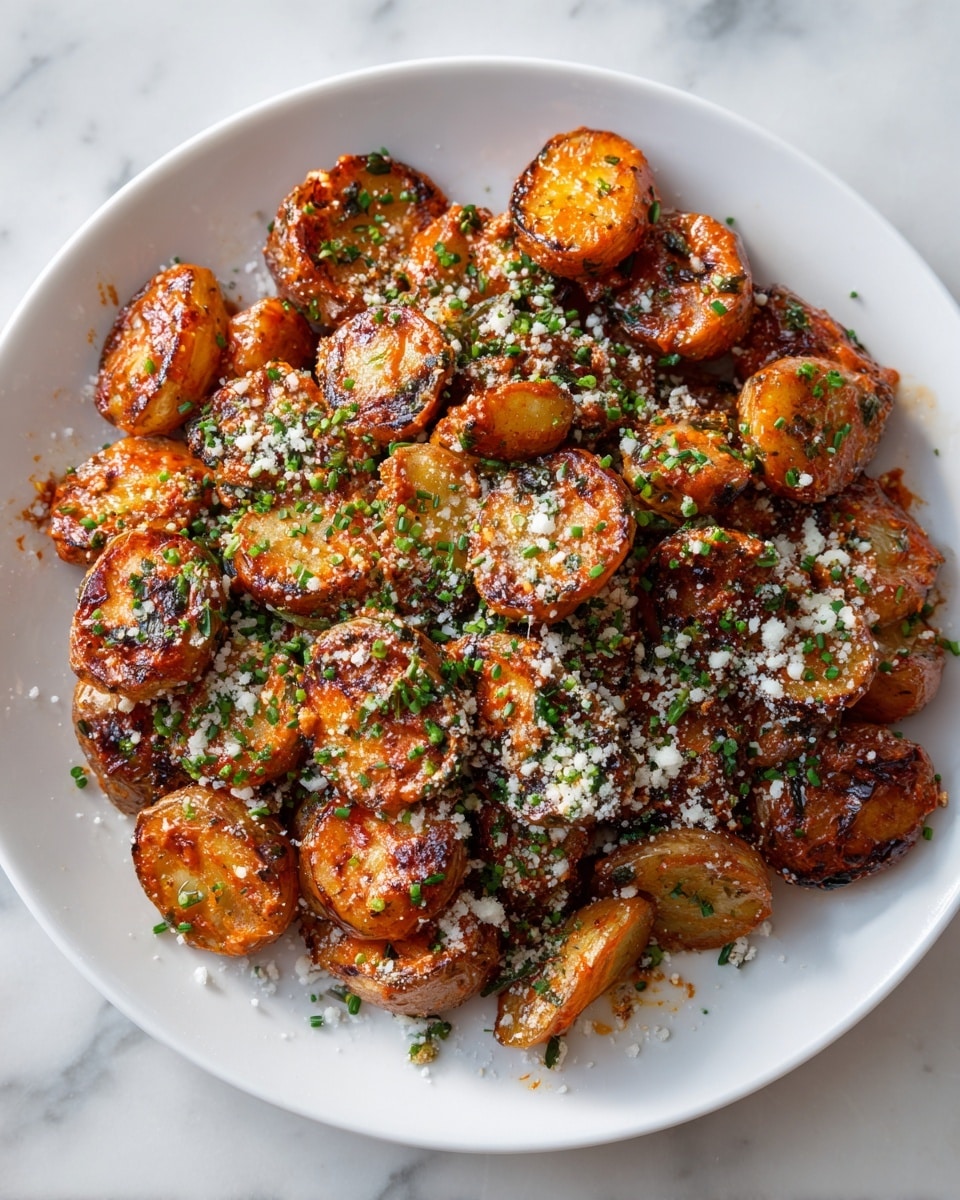 The dish is a white plate filled with crispy, golden-brown roasted baby potatoes that have a slightly charred, crunchy texture on the outside while the insides remain soft and creamy. The potatoes are covered with an orange-red sauce that looks rich and thick, creating a glossy layer over the crispy pieces. Scattered on top are small bright green chopped herbs, likely chives, adding a fresh, vibrant contrast. A light sprinkle of finely grated white cheese or a crumbly topping is evenly spread over the dish, adding texture and color variety. The plate sits on a white marbled surface, enhancing the colors of the food. photo taken with an iphone --ar 4:5 --v 7