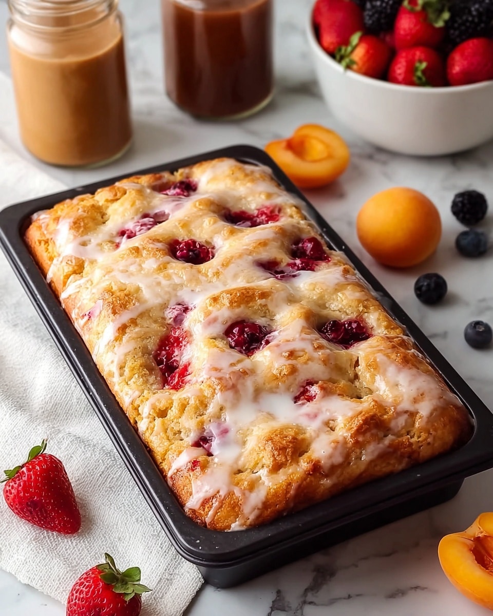 The image shows a rectangular baked berry cake in a black tray, resting on a white marbled surface with a white cloth nearby. The cake has a golden-brown, lightly crinkled top with a shiny, white glaze drizzled unevenly across the surface. There are several bright red berries baked into the cake, peeking through the golden crust, creating small pools of vibrant color. The texture of the cake appears soft and moist with a slightly raised, uneven surface. In the background, there are two clear jars with brown and beige contents and a white bowl filled with fresh red strawberries, along with some whole apricots and dark blue and black berries scattered nearby. photo taken with an iphone --ar 4:5 --v 7