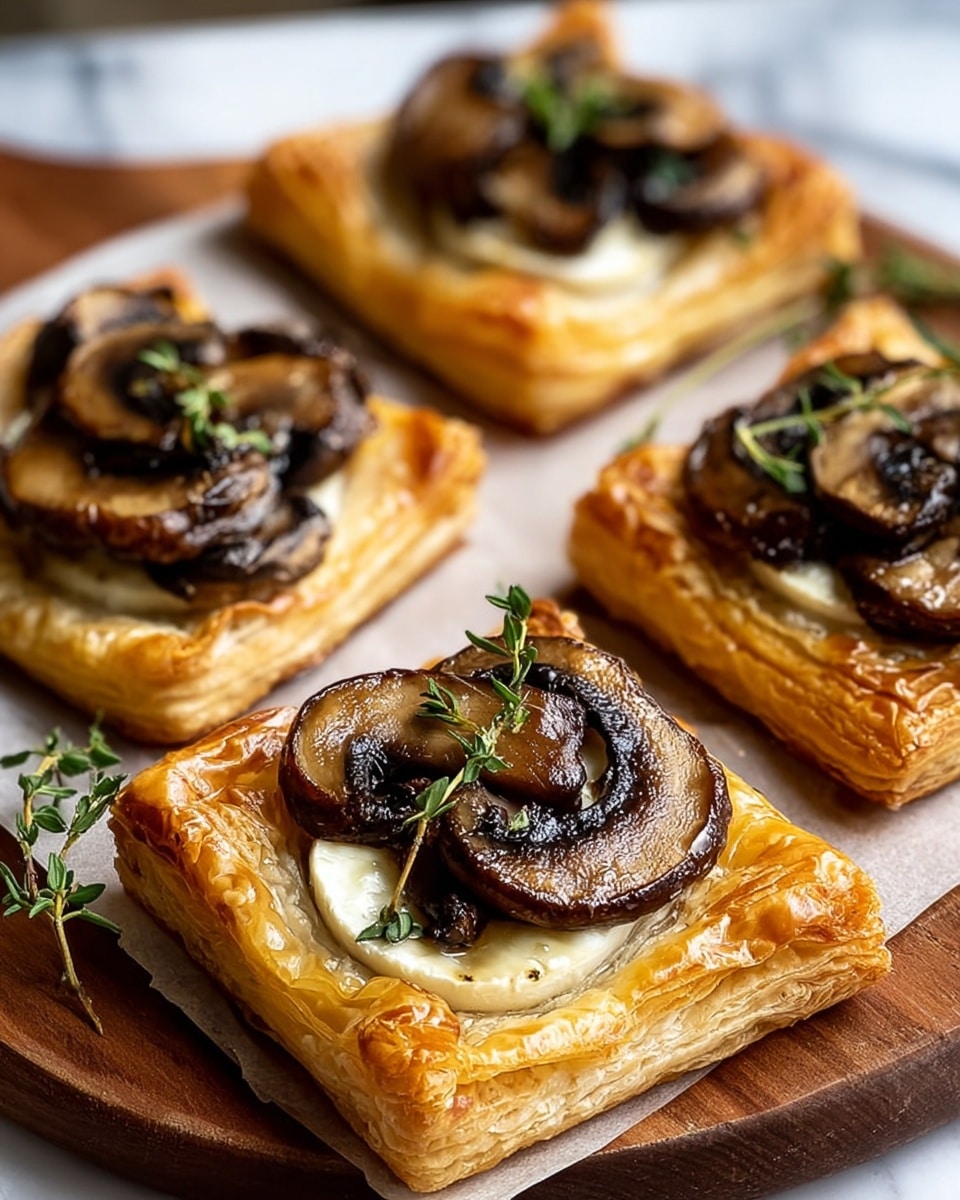 The image shows four square puff pastry tarts placed on parchment paper over a wooden board. Each tart has three visible layers: a golden, flaky puff pastry base with crisp edges, a middle layer of soft white cheese slices, and a top layer of sautéed brown mushrooms that look shiny and tender. Small green sprigs of herbs like thyme are placed on top for garnish. The background has a white marbled texture that contrasts softly with the warm colors of the tarts. photo taken with an iphone --ar 4:5 --v 7
