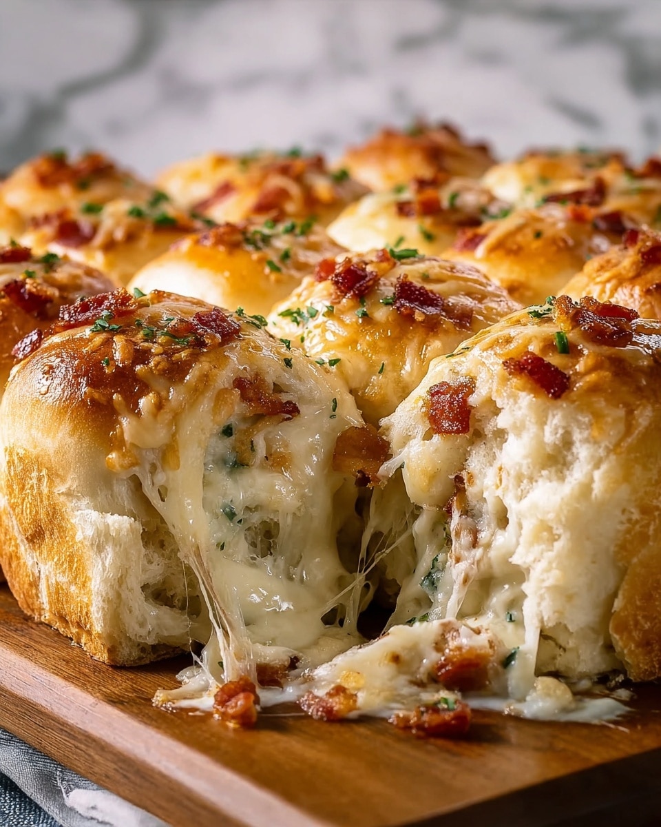 The image shows a close-up of soft, thick bread rolls arranged tightly together on a wooden board. Each roll has a golden-brown top layer, shiny with melted cheese and sprinkled with small green herb bits and crispy brown bacon pieces. Inside the rolls, there is a rich, gooey, white cheese filling mixed with tiny bits of herbs and bacon, stretching outward in melted strings as one piece is slightly pulled away. The bread itself is fluffy and light in color with a soft texture visible. The background features a white marbled texture. Photo taken with an iphone --ar 4:5 --v 7