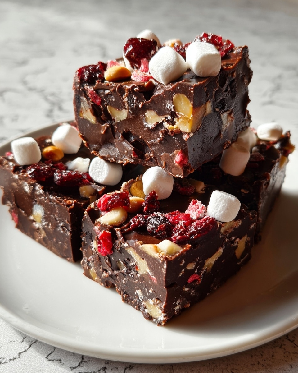 The image shows four thick, square pieces of dark chocolate fudge stacked lightly on a white plate with a white marbled texture in the background. Each piece has a rich, shiny dark brown chocolate base full of visible nuts and small chunks of dried red fruit embedded inside. The top layer is decorated with small white marshmallows, pieces of dried red berries, and whole nuts, adding a mix of soft, crunchy, and chewy textures. The overall look is dense and indulgent with rough chocolate edges and colorful toppings. photo taken with an iphone --ar 4:5 --v 7