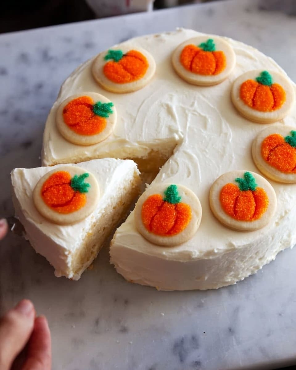 A round cake with smooth white frosting on top sits on a white marbled surface. The cake has a single visible slice cut out, showing the creamy white layer beneath. Around the edge of the cake, there are small circular cookies decorated with orange pumpkin faces and green stems, each cookie placed evenly apart. A woman's hand is visible near the bottom left corner of the image, reaching toward the cake. Photo taken with an iphone --ar 4:5 --v 7