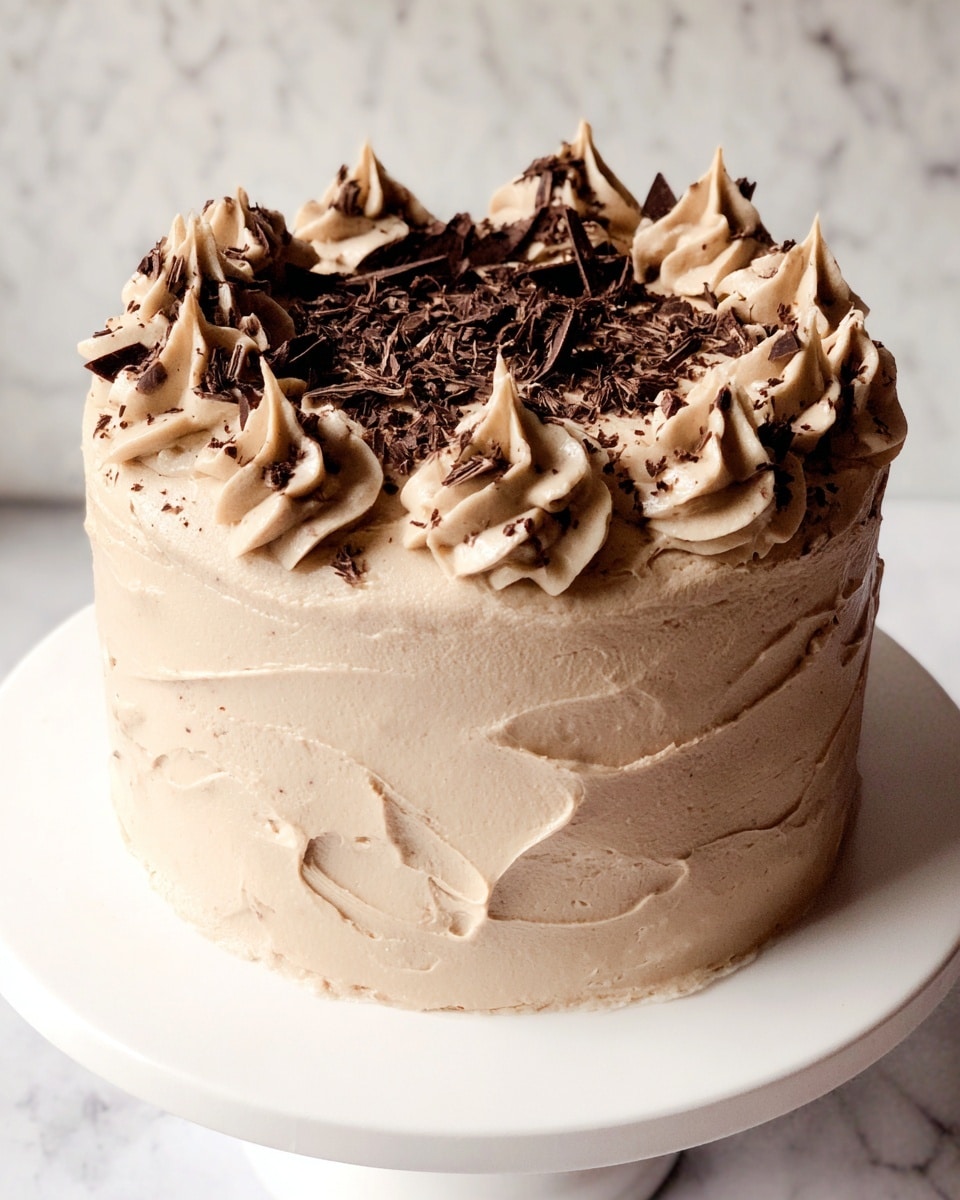 A small round cake covered fully in thick, creamy light brown chocolate frosting with soft swirls and peaks giving a textured look. The top layer is decorated with dark chocolate shavings scattered unevenly. The cake sits directly on a white round base against a white marbled texture background. photo taken with an iphone --ar 4:5 --v 7