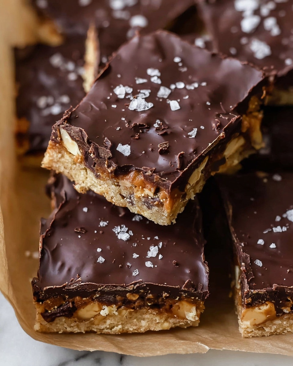 Several chocolate-topped dessert squares are stacked closely together on light brown parchment paper, showing three main layers. The bottom layer is a light tan cookie or biscuit base with a crunchy texture, the middle layer contains chunks of nuts and is golden brown with a rough texture, and the top layer is a thick, glossy dark chocolate coating sprinkled with flaky sea salt crystals, giving a shiny, slightly wavy surface. The edges of the squares are clean but irregular, showing some of the nut pieces peeking through the chocolate. The whole scene is set against a white marbled texture but only the squares and parchment paper are in focus. photo taken with an iphone --ar 4:5 --v 7