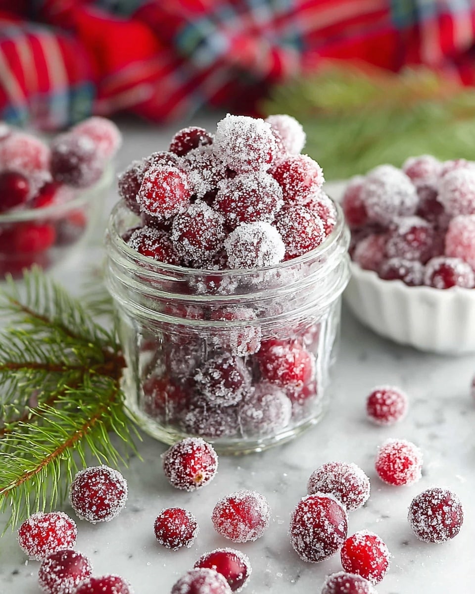 A clear glass jar is filled with bright red cranberries covered in a layer of white sugar crystals, creating a sparkling effect. Around the jar, there are more sugared cranberries scattered on a white marbled surface, some nestled with green pine sprigs. In the background, a white bowl also holds sugared cranberries, and a red plaid cloth adds a soft, colorful touch behind the setup. The whole scene has a fresh, festive feel with a mix of red, white, and green colors. photo taken with an iphone --ar 4:5 --v 7