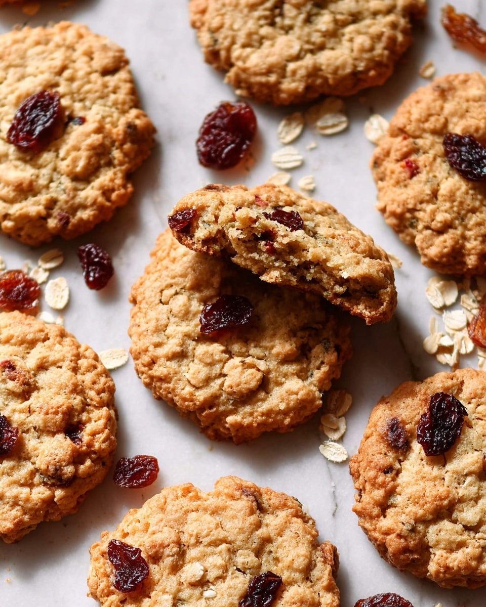 The image shows several oatmeal cookies with embedded dried cranberries scattered on a white marbled surface. The cookies are round and have a golden-brown, slightly crumbly texture with visible oats and raised edges. Some cookies are whole, while one is broken in half and placed on top of another whole cookie, revealing a soft, chewy inside with dark red cranberry pieces throughout. Small dried cranberries and oat flakes are spread casually around the cookies, enhancing the rustic, homemade feel. photo taken with an iphone --ar 4:5 --v 7