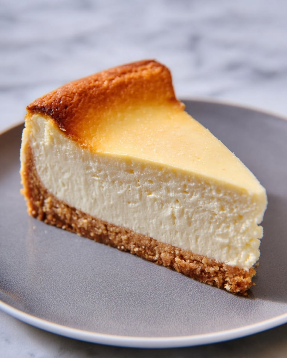 A single slice of cheesecake sits on a white plate, revealing three clear layers: a thick, light brown crumbly base, a dense and creamy off-white middle layer with a smooth texture, and a thin, slightly browned pale yellow top that looks soft and baked; the edges of the top layer slightly rise and have a gentle shine, and the plate rests on a white marbled surface. photo taken with an iphone --ar 4:5 --v 7