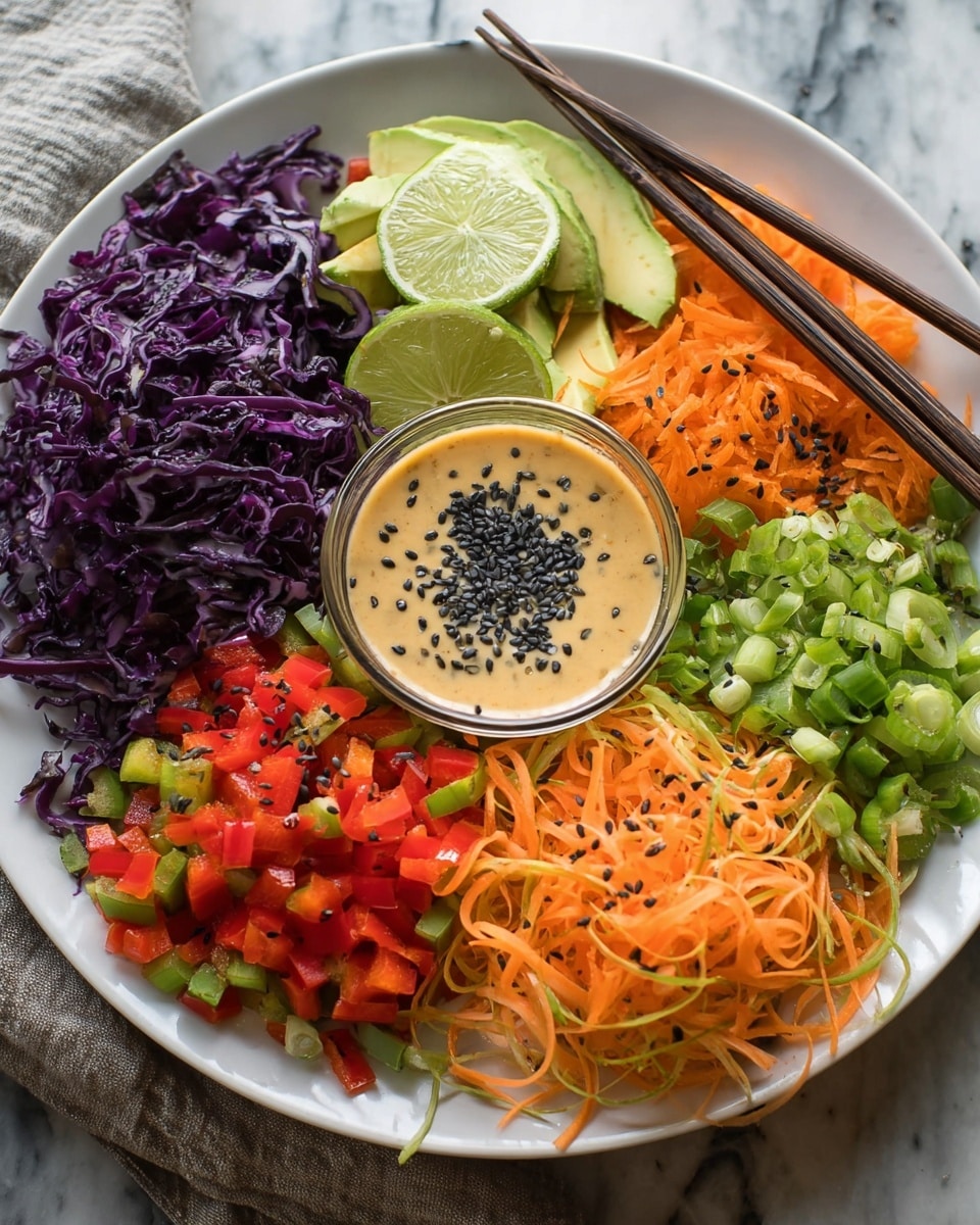 A white round plate is filled with six colorful layers arranged in segments all around a small glass bowl of creamy tan sauce topped with black sesame seeds in the center. Starting from the top left going clockwise, there is a pile of dark purple chopped cabbage with a textured surface, followed by three slices of green lime resting on diced pale green avocado sprinkled with more black sesame seeds. Next, there are chopped red bell peppers beside a large amount of shredded orange carrots with a rough texture. Finally, there are chopped light green and white scallions and thin carrot ribbons. Two dark brown chopsticks rest diagonally across the back of the plate, and the whole setup is on a white marbled surface. photo taken with an iphone --ar 4:5 --v 7