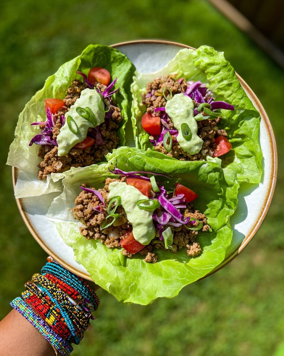 Three lettuce wraps are arranged on a white plate with a light brown rim, each wrap made of bright green romaine lettuce leaves. Each leaf holds a layer of finely chopped brown seasoned meat mixed with small pieces of red tomato and thin slices of purple cabbage, topped with a dollop of creamy pale green sauce and garnished with thin green onion pieces. The plate is held by a woman's hand wearing colorful beaded and braided bracelets against a green grass background. Photo taken with an iphone --ar 4:5 --v 7