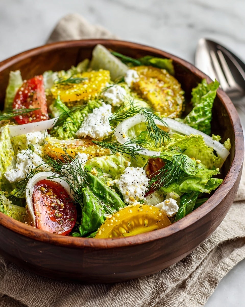 A wooden bowl holds a fresh salad with several visible layers: the bottom layer is green leafy lettuce with some light green and dark green leaves mixed; on top are pieces of yellow bell pepper strips scattered throughout; next layer shows halved red cherry tomatoes and thin slices of purple onion; white crumbled cheese is sprinkled generously across the salad; small white seeds or grains are scattered on top adding texture; fresh green dill sprigs are placed as garnish on the salad. The bowl sits on a beige cloth napkin with stripes, and a silver fork rests beside it on a white marbled surface. photo taken with an iphone --ar 4:5 --v 7