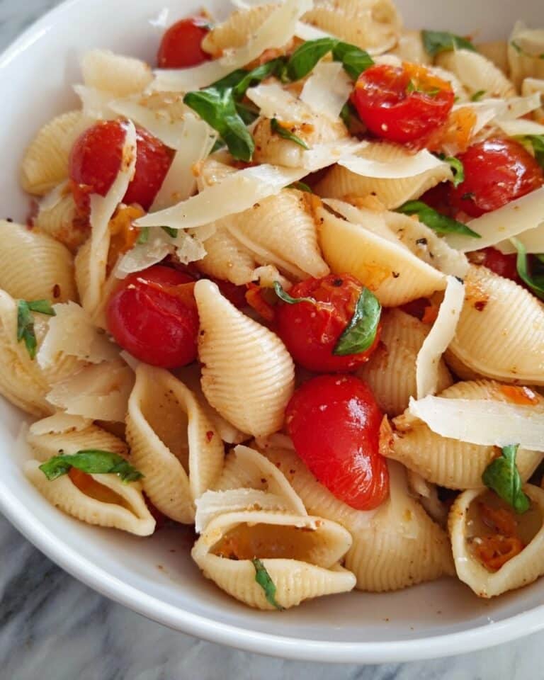 Seashell Pasta Salad with Basil, Tomatoes, and Garlic Recipe