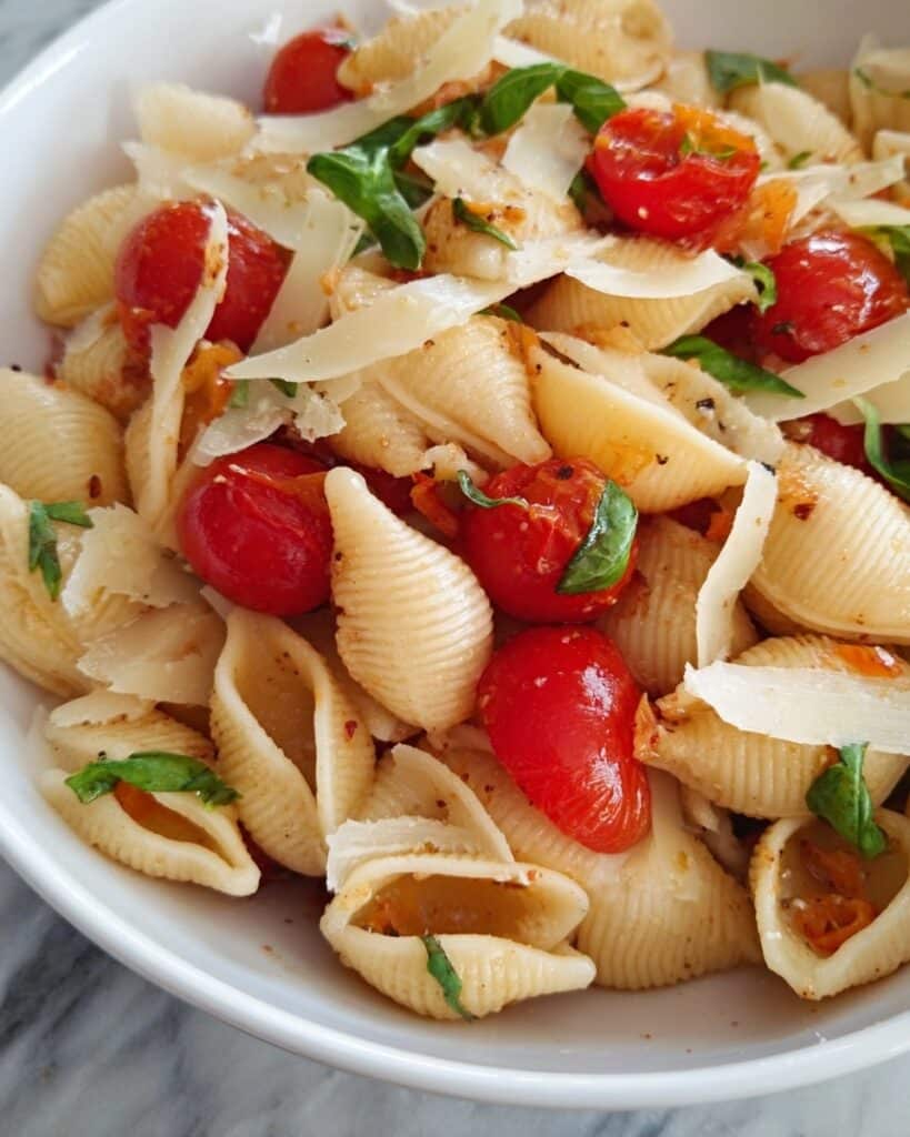 Seashell Pasta Salad with Basil, Tomatoes, and Garlic Recipe