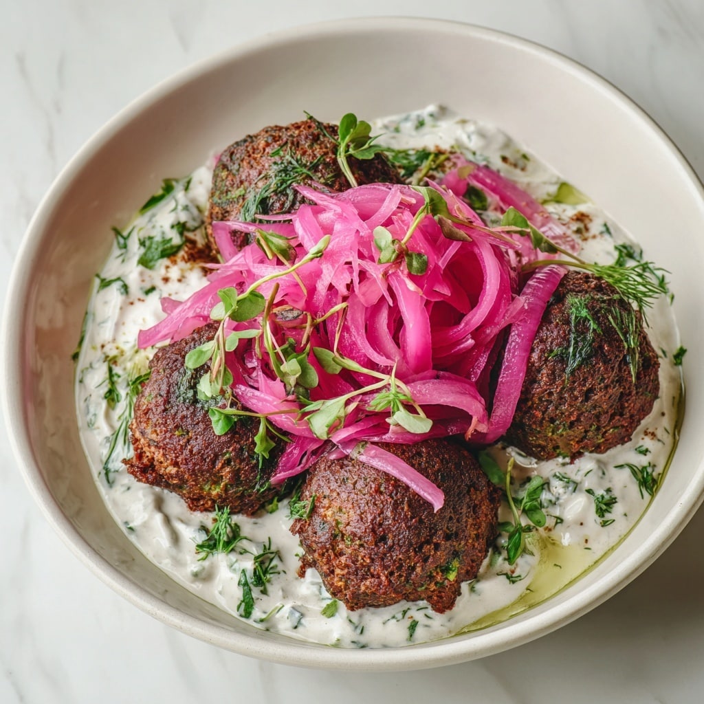 The image shows a white plate with a base layer of creamy white sauce mixed with green herbs, giving it a textured look. On top of this sauce are four round, brown falafel balls placed close together. Over the falafel, there is a generous pile of pink pickled onions with a few green dill sprigs scattered on them. The scene is set on a white marbled surface, and a woman's hand is gently adjusting the falafel balls. The lighting highlights the different textures of the creamy sauce, crispy falafel, and soft pickled onions. photo taken with an iphone --ar 4:5 --v 7