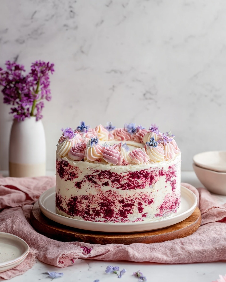 The image shows a round cake with about three visible layers, covered in white frosting that is brushed with rough, uneven streaks of deep red, creating a textured look on the sides. On top of the cake, there is a ring of pink and white piped swirls made from frosting, decorated with small blue and lilac edible flowers, placed evenly around the edge. The cake sits on a white plate with a wooden base underneath, resting on a soft pink cloth on a white marbled surface. In the background, there is a small white vase with purple flowers adding a natural touch to the soft, light setting. photo taken with an iphone --ar 4:5 --v 7