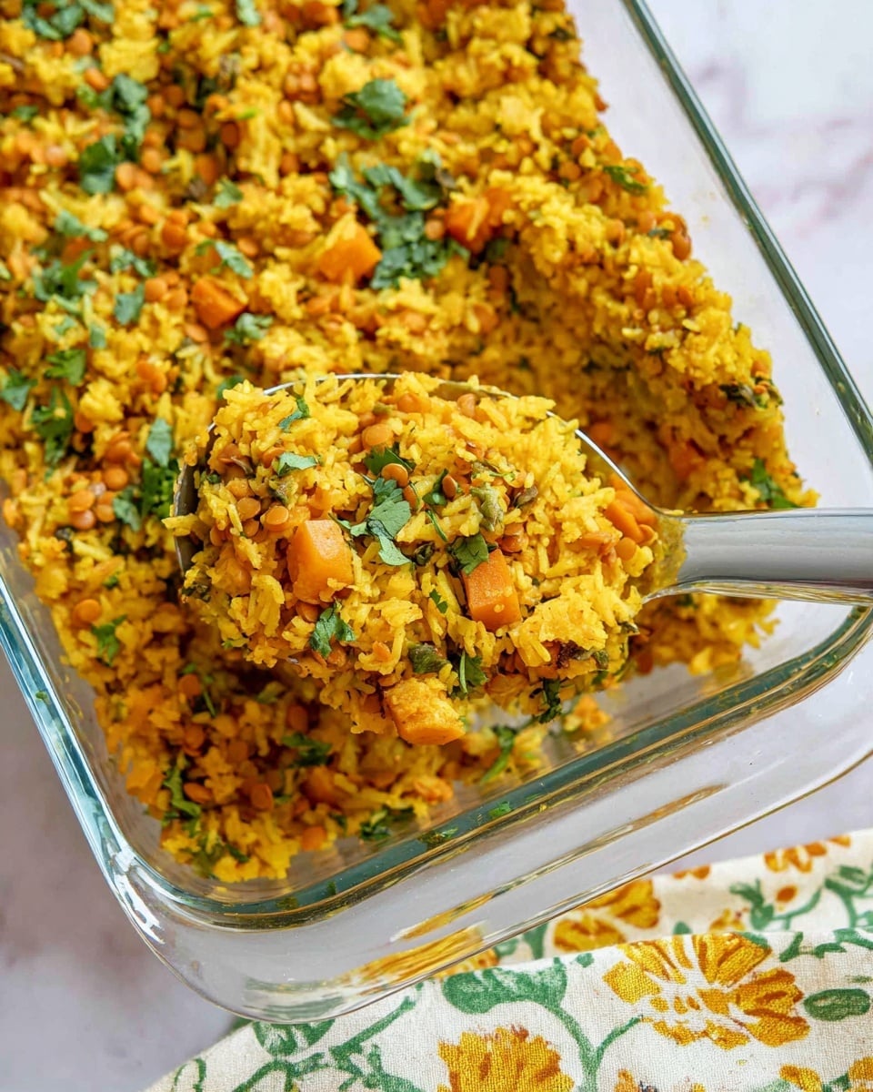 A clear glass rectangular dish filled with a cooked yellow rice dish mixed with small orange chunks, lentils, and sprinkled with green herbs. A metal spatula is holding a scoop of the rice, showing the fluffy texture and colorful mix. The dish is set on a white marbled surface, and a corner of a floral cloth with yellow and green patterns is visible at the bottom right. Photo taken with an iphone --ar 4:5 --v 7