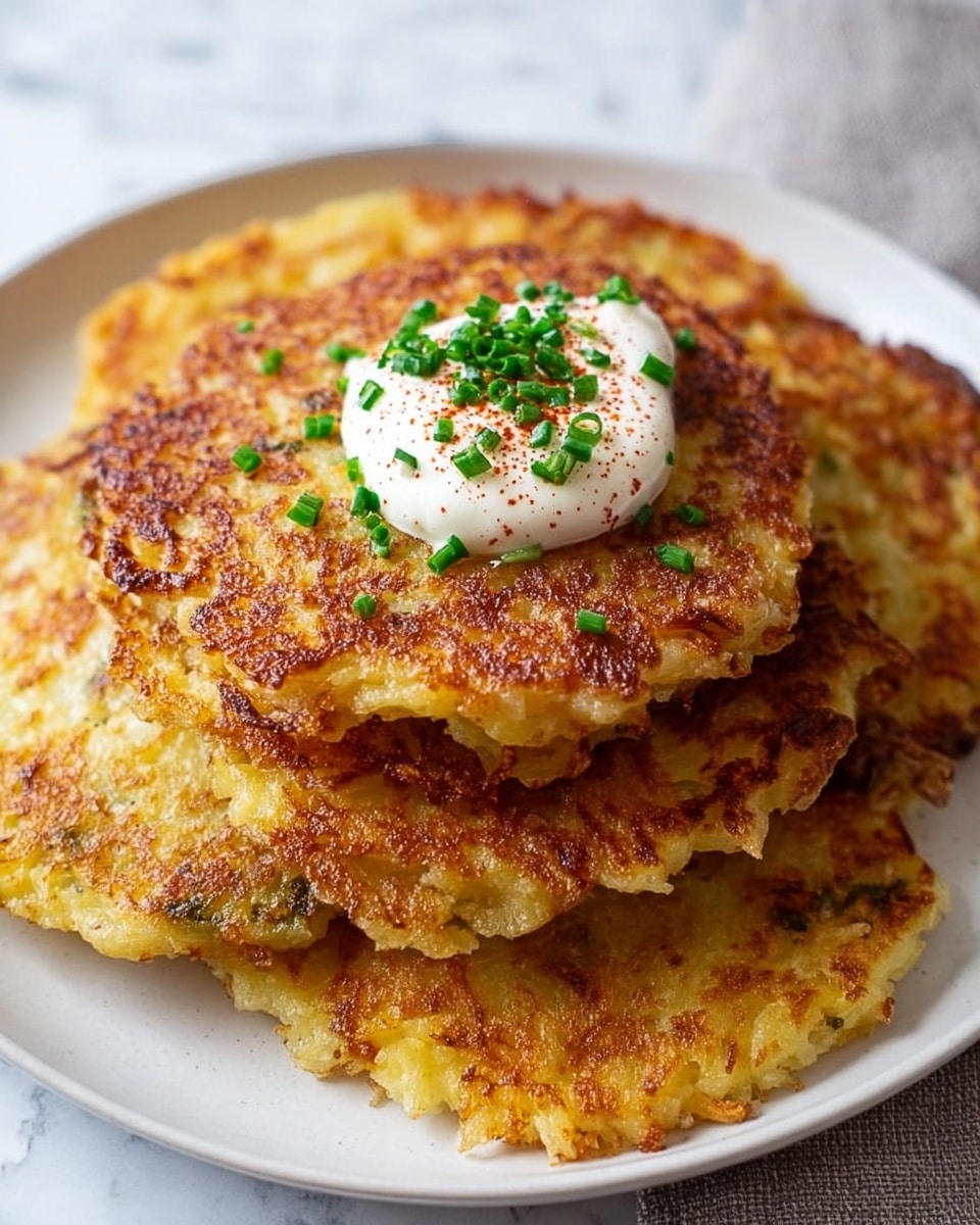 A white plate holds five golden brown potato pancakes stacked in the center, each one showing a crispy, textured surface with small bits of grated potato visible. The top pancake has a dollop of white sour cream in the middle, sprinkled with finely chopped green chives and a tiny pinch of red spice. The background is a white marbled surface with a soft gray cloth partially visible at the top right corner. photo taken with an iphone --ar 4:5 --v 7
