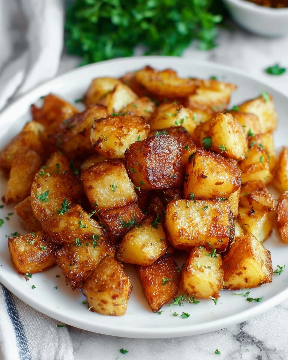 A white plate holds a single layer of golden-brown roasted potato cubes, each piece showing a crispy, slightly caramelized surface with some edges darker and crispier than others. The potatoes are evenly coated with small specks of green herbs scattered over them, adding a fresh contrast to the warm tones. The background is a white marbled texture with a blurred touch of green leafy herbs in the upper part, enhancing the rustic and fresh feel of the dish. photo taken with an iphone --ar 4:5 --v 7