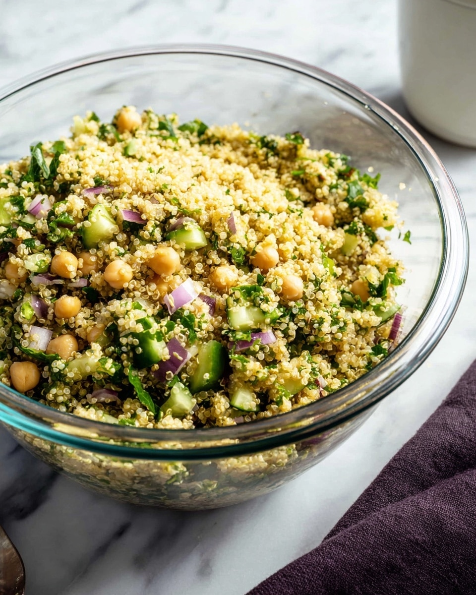 A clear glass bowl filled with a mixed salad showing a large layer of small, pale yellow quinoa grains combined evenly with chickpeas, chopped green herbs, diced cucumbers, small pieces of red onion, and flecks of green leafy vegetables. The textures are soft and grainy with occasional crunchy bits from the vegetables. The bowl is placed on a white marbled surface with a dark fabric partially visible nearby, and a white container blurred in the background. photo taken with an iphone --ar 4:5 --v 7