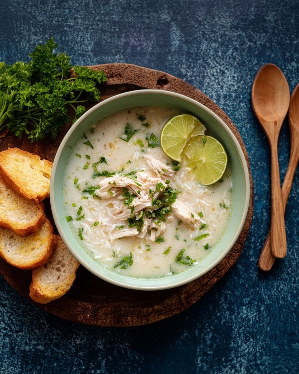 A bowl of creamy chicken soup with visible shredded white chicken pieces floating in a pale cream broth, garnished with chopped green herbs scattered on top and a thin slice of lime resting on the edge of the bowl. The bowl is pale green with a rustic dark rim, placed on a wooden round board. To the left of the bowl are green leafy herbs and three pieces of toasted golden-brown bread stacked casually, while two light wooden spoons lie crossed to the right. All items are set on a white marbled textured surface. Photo taken with an iphone --ar 4:5 --v 7