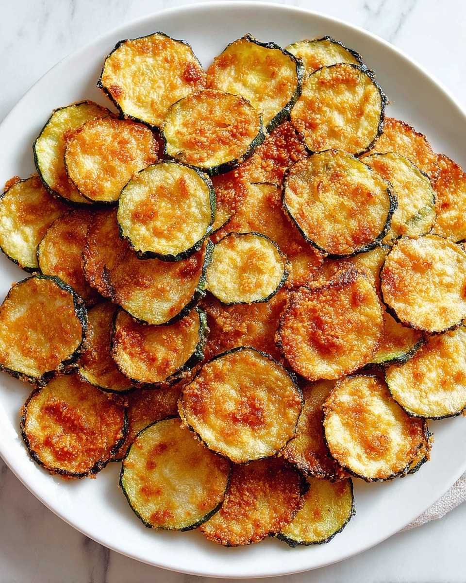 The image shows several round zucchini slices baked with a golden brown crispy topping scattered on a white marbled surface. Each zucchini slice has a dark green outer edge with a light green interior base, topped with a slightly bubbling, textured layer of browned cheese or breadcrumbs that vary from light golden to darker amber spots. The slices are thin but show a clear difference in texture between the soft inner zucchini and the crunchy topping. There are small browned bits and crumbs around the slices, adding to the rustic look of the dish. photo taken with an iphone --ar 4:5 --v 7
