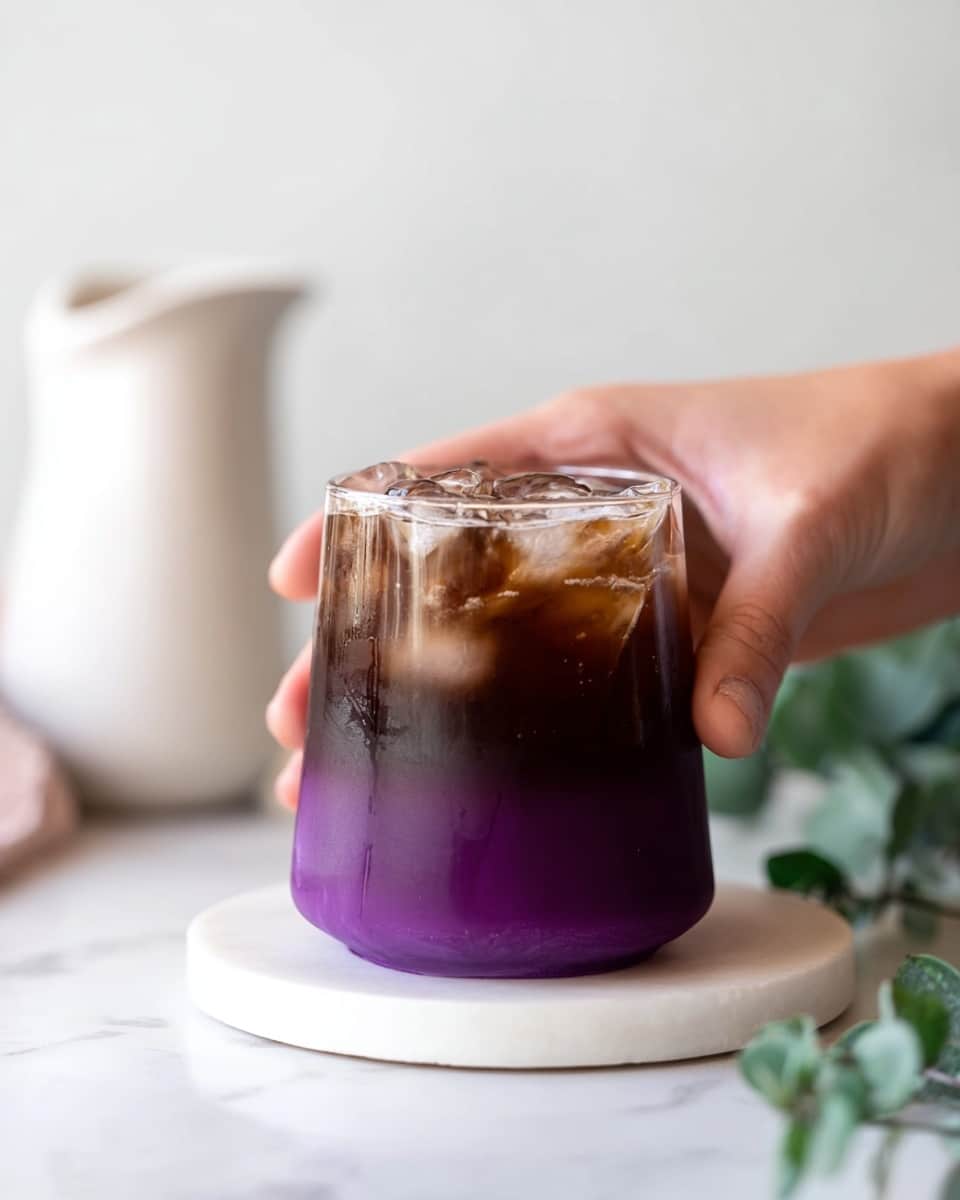 A short clear glass filled with a two-layer drink sits on a round white marble board. The bottom layer is smooth and bright purple, taking up about half the glass. The top layer is dark brown with ice cubes floating inside, covering the top half. A person's hand is gently holding the glass from the right side. There are some green leaves blurred in the bottom right corner and a white jug blurred in the background, all placed on a white marbled surface. photo taken with an iphone --ar 4:5 --v 7
