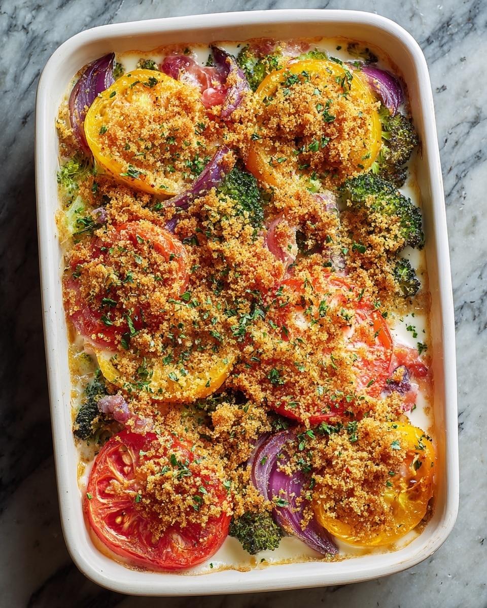 In a white rectangular baking dish, there is a layered vegetable casserole starting with a creamy white sauce base, topped with green broccoli florets and purple onion pieces scattered unevenly, followed by thick slices of yellow and red tomatoes arranged on top. The dish is finished with a golden brown breadcrumb crust sprinkled evenly across the surface with small green herb flakes dispersed on top, all placed on a white marbled textured surface. photo taken with an iphone --ar 4:5 --v 7