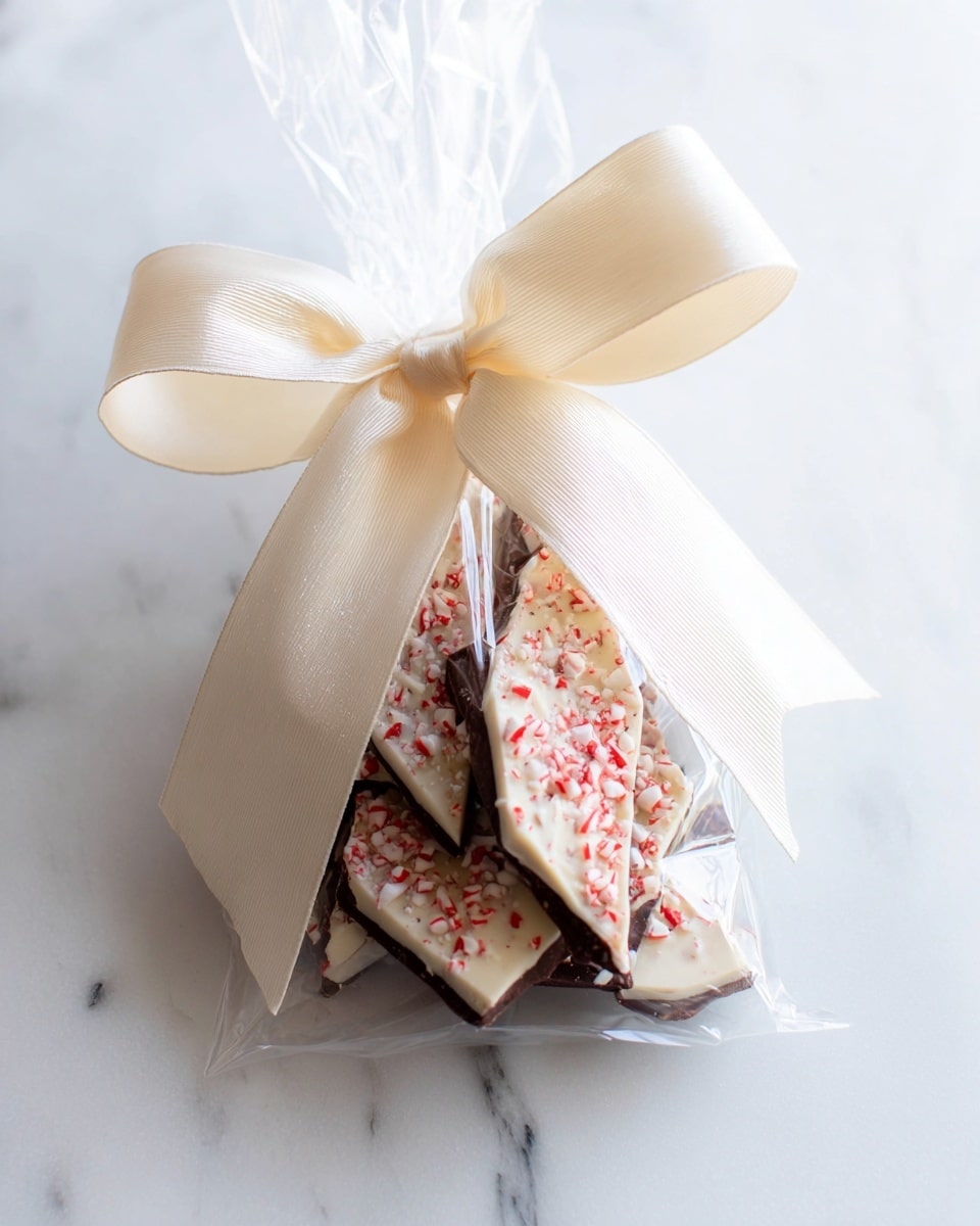 A clear plastic bag holding several triangular pieces of peppermint bark is tied with a large, smooth, cream-colored satin ribbon bow on top. The peppermint bark pieces have two visible layers: the bottom dark brown chocolate layer and the top white chocolate layer sprinkled with crushed red and white peppermint candy bits. The bag rests on a white marbled surface, creating a clean and soft background. Photo taken with an iphone --ar 4:5 --v 7