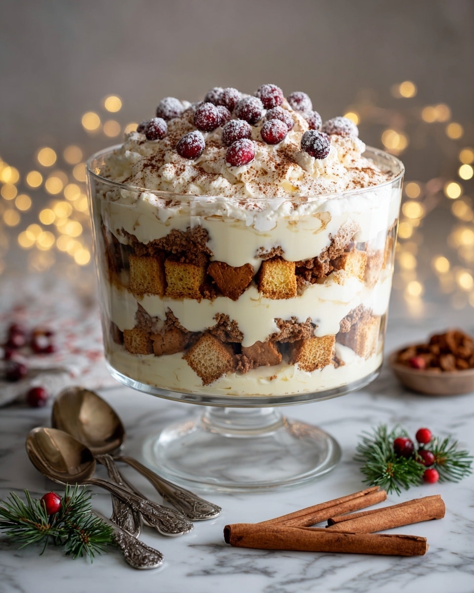 The image shows a tall glass trifle dish with multiple layers. From the bottom, there is a layer of light yellow cake cubes, followed by a smooth, creamy white layer. Above that is a thin layer of crushed brown cookies or chocolate crumbs, then another creamy white layer with some more cake cubes embedded. The top layer is thick white whipped cream, sprinkled lightly with brown cinnamon powder, and decorated with red cranberries, some lightly dusted with powdered sugar. The trifle dish is set on a white marbled surface, with two cinnamon sticks, three vintage silver spoons, and some green pine sprigs with red berries nearby, softly lit by yellow fairy lights in the blurred background. photo taken with an iphone --ar 4:5 --v 7